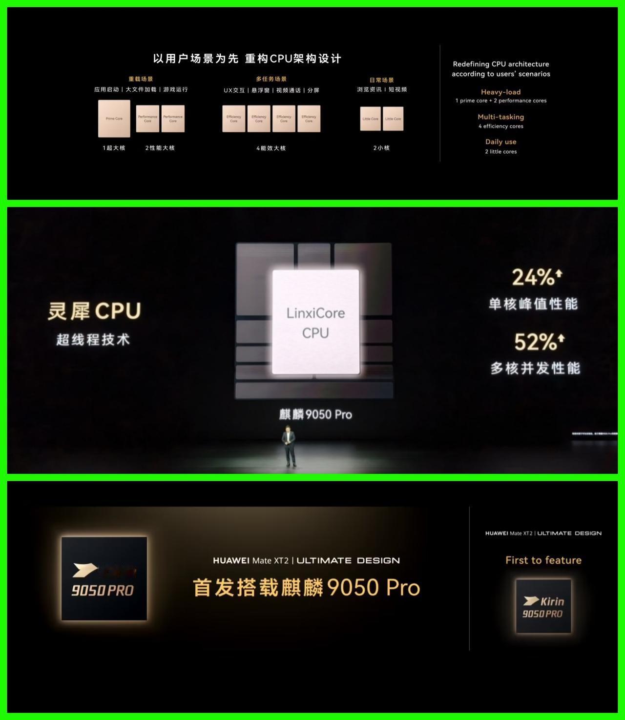 看余承东在发布会上讲麒麟9050 Pro，发现很有意思的两个点：
1、余承东很多