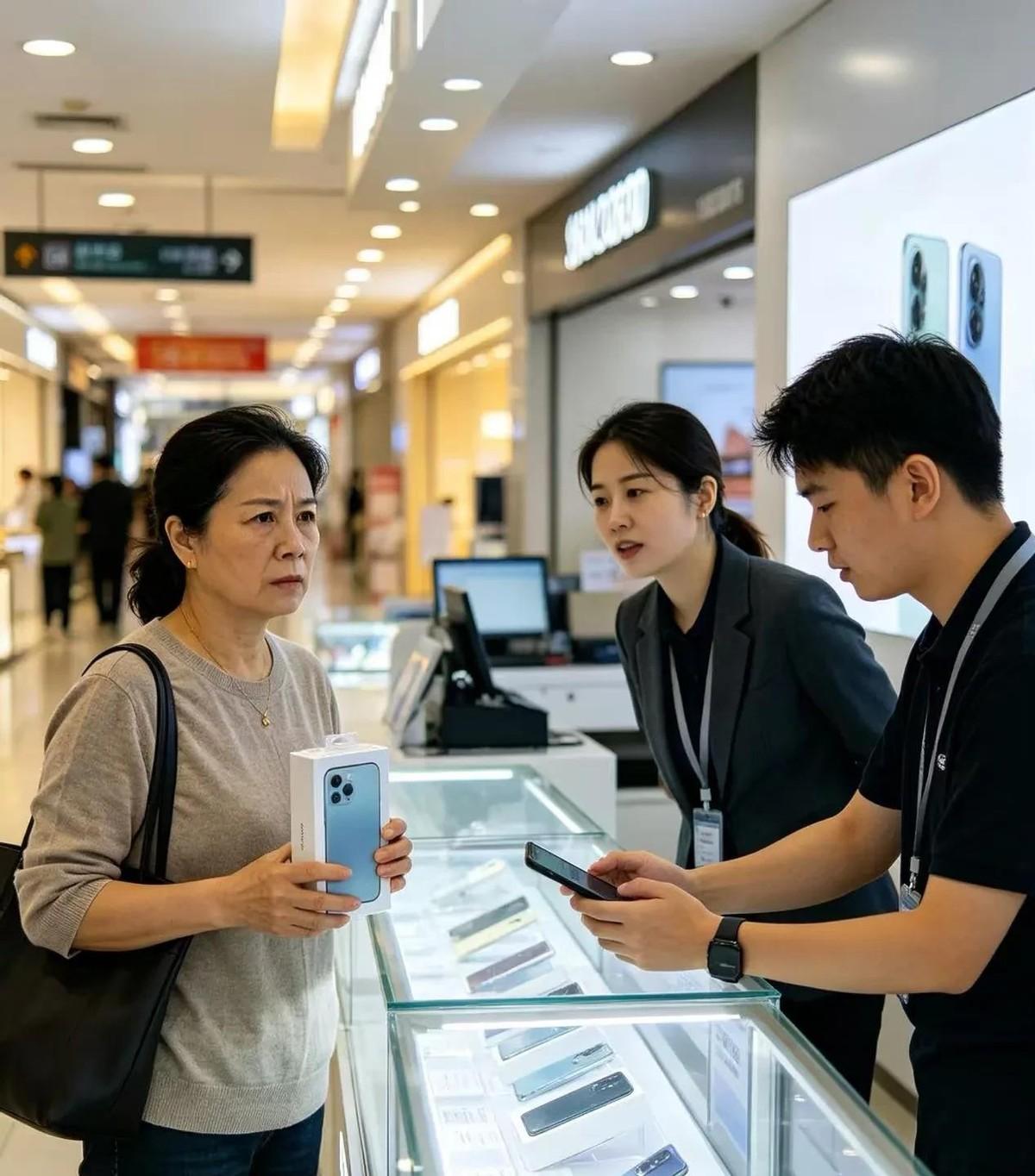昨天去买苹果手机，收银台全款都付完了，店员却拿他自己的手机偷偷扫我手机盒上的码，