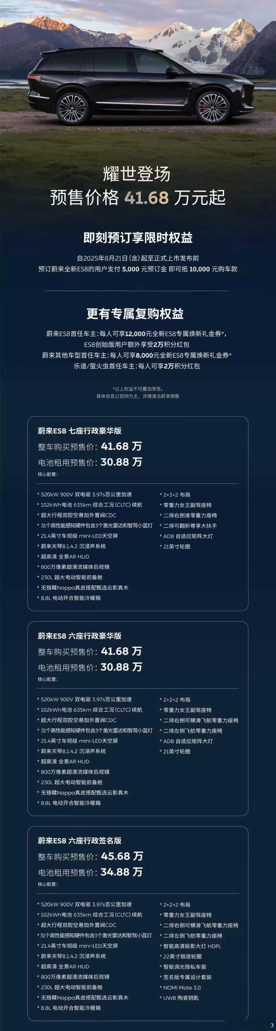 蔚来ES8价格来了，41.68万起租电30.88万起 ​​​