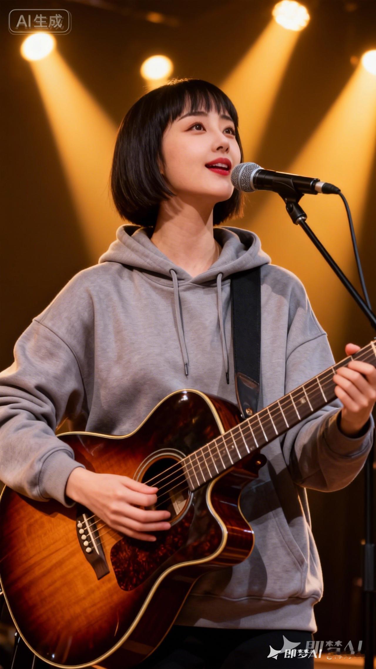元气少女弹唱，温暖灯光下，音乐与生活交织。