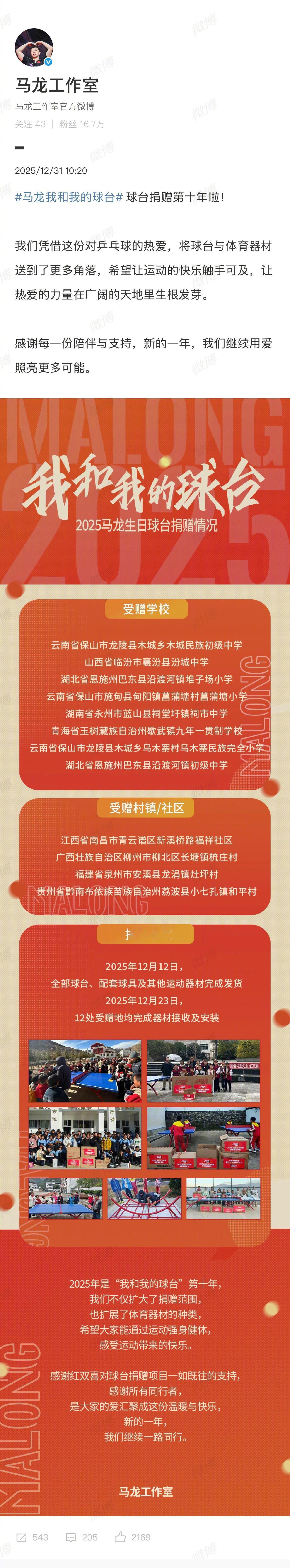 马龙球台捐赠已经十年了 公布2025年马龙捐赠球台情况并表示：马龙球台捐赠第十年