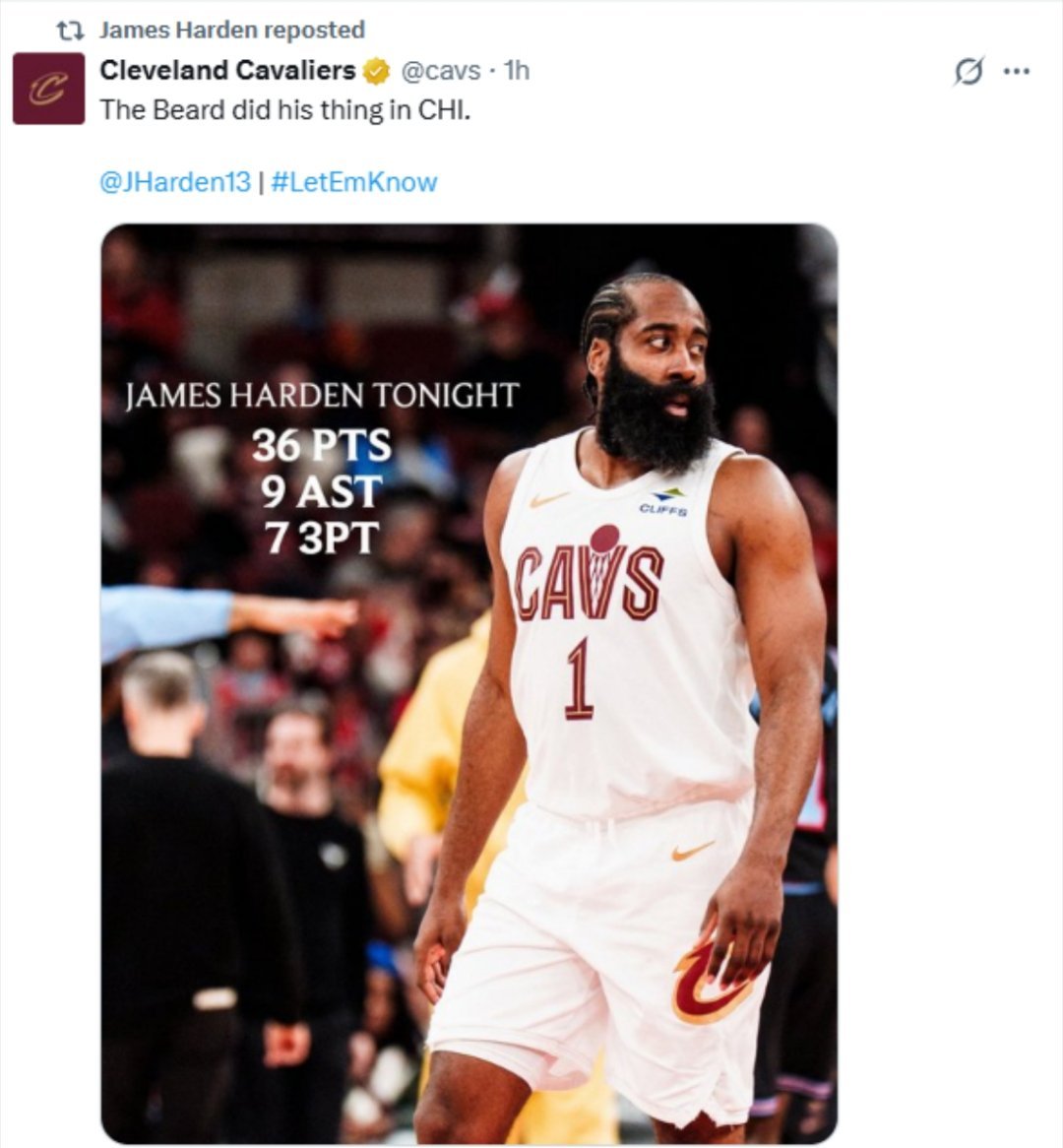 骑士官方社媒分享哈登本场比赛个人数据海报，并配文：“大胡子在芝加哥大显身手。”哈