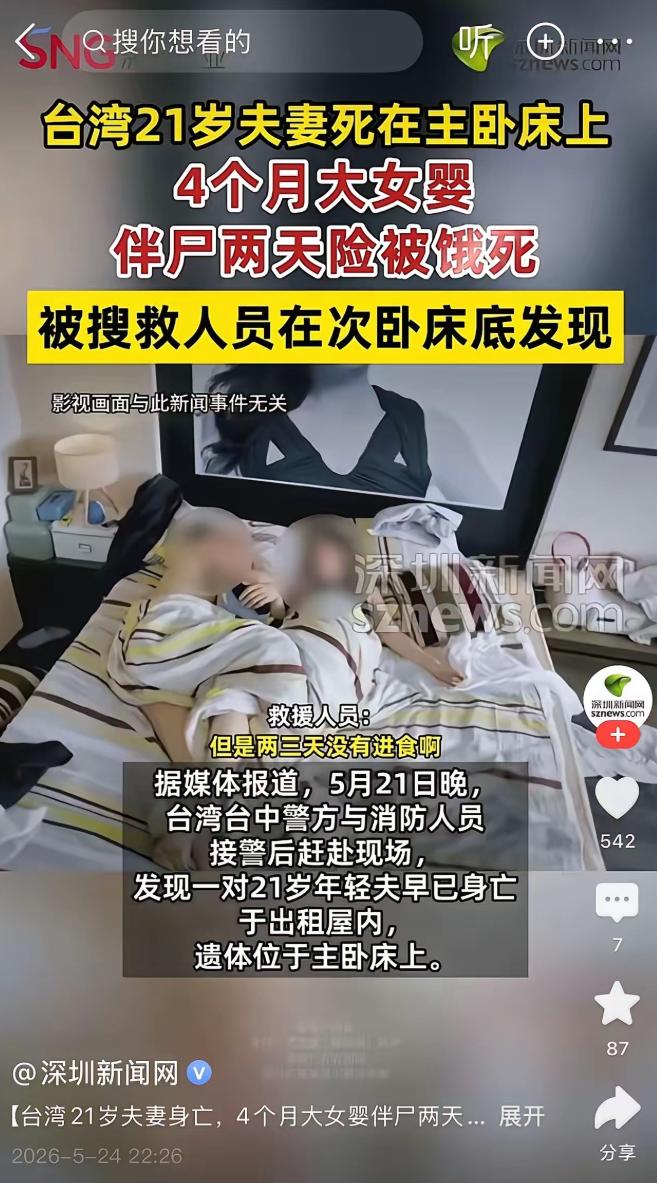 四个月大的女婴被困出租屋，在离世父母身旁，独自挨饿挣扎了整整两三天。
 
婴儿在