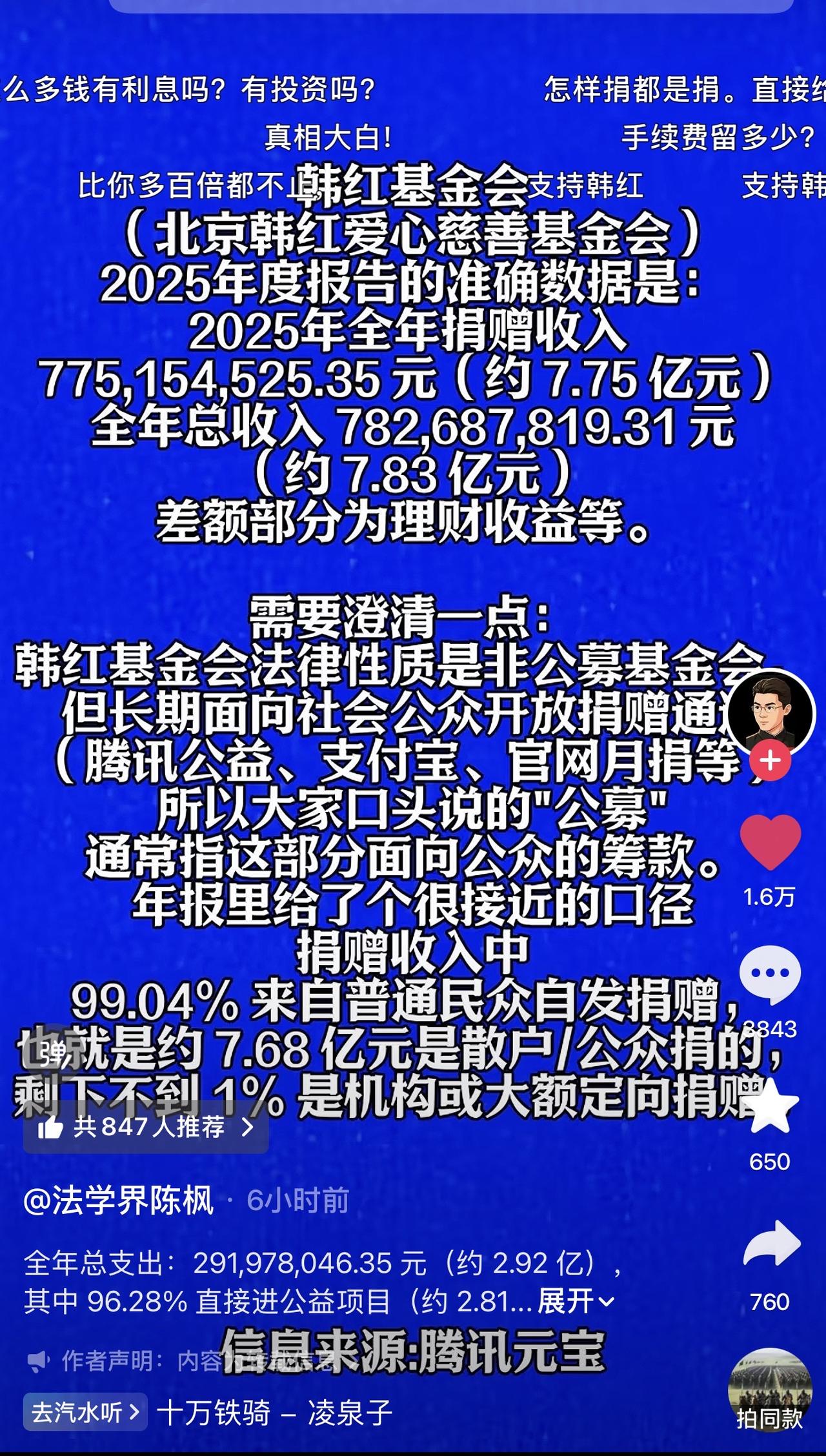 哎我去！法学界陈枫对韩红基金提出了质疑，非公募基金会，却为啥能长期向社会公众开放