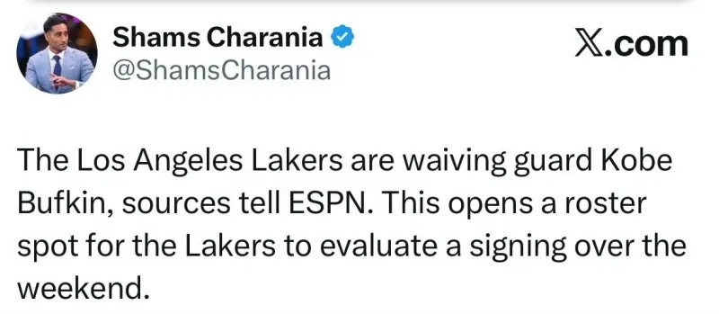 【湖人官宣裁掉巴夫金！为评估新球员腾出名额】湖人官方今日宣布裁掉后卫科比-巴夫金