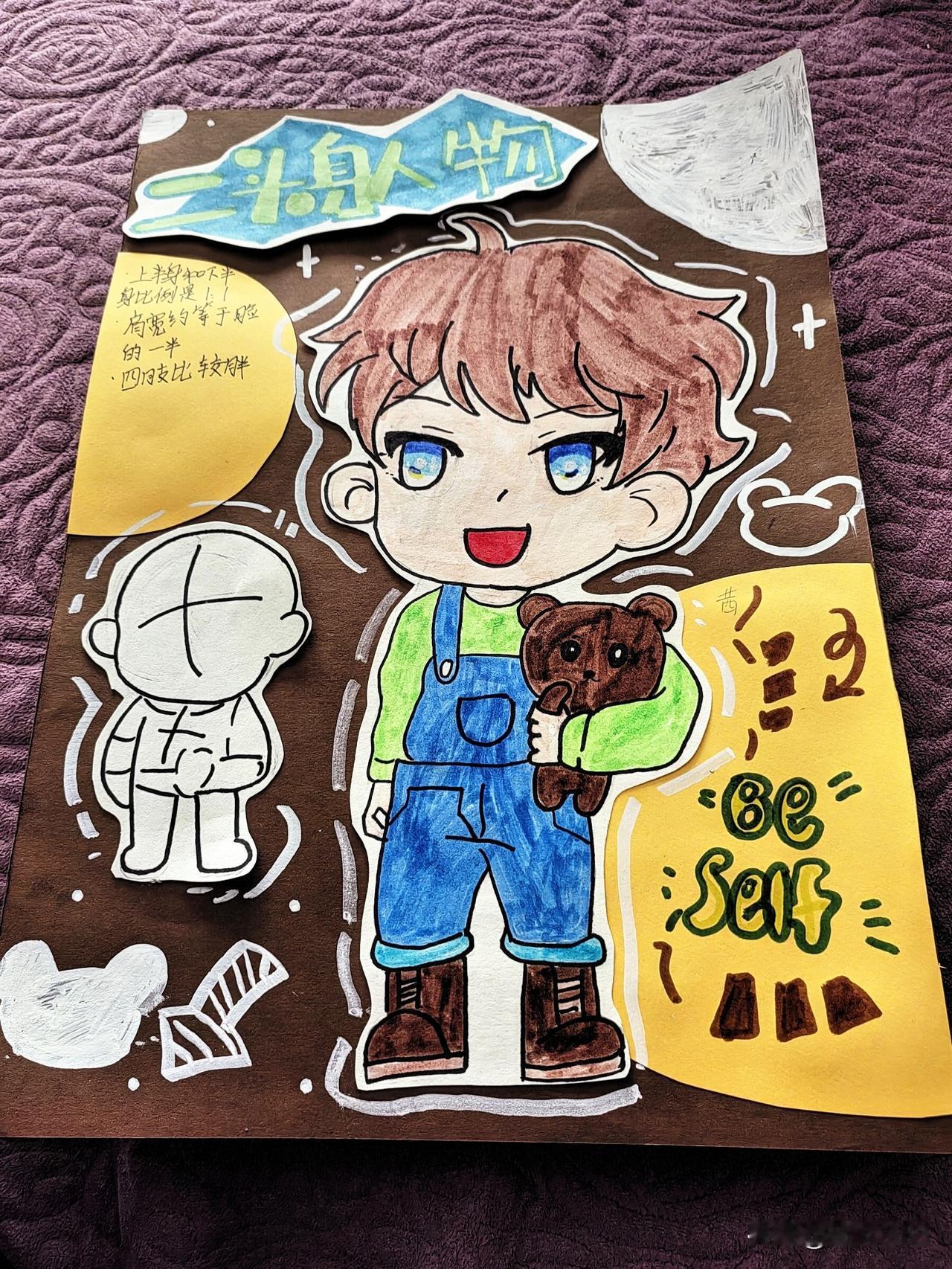 昨天小宝放学后去了少年宫，继续上美术课。

昨天画的是二头身人物，并学习了人物比