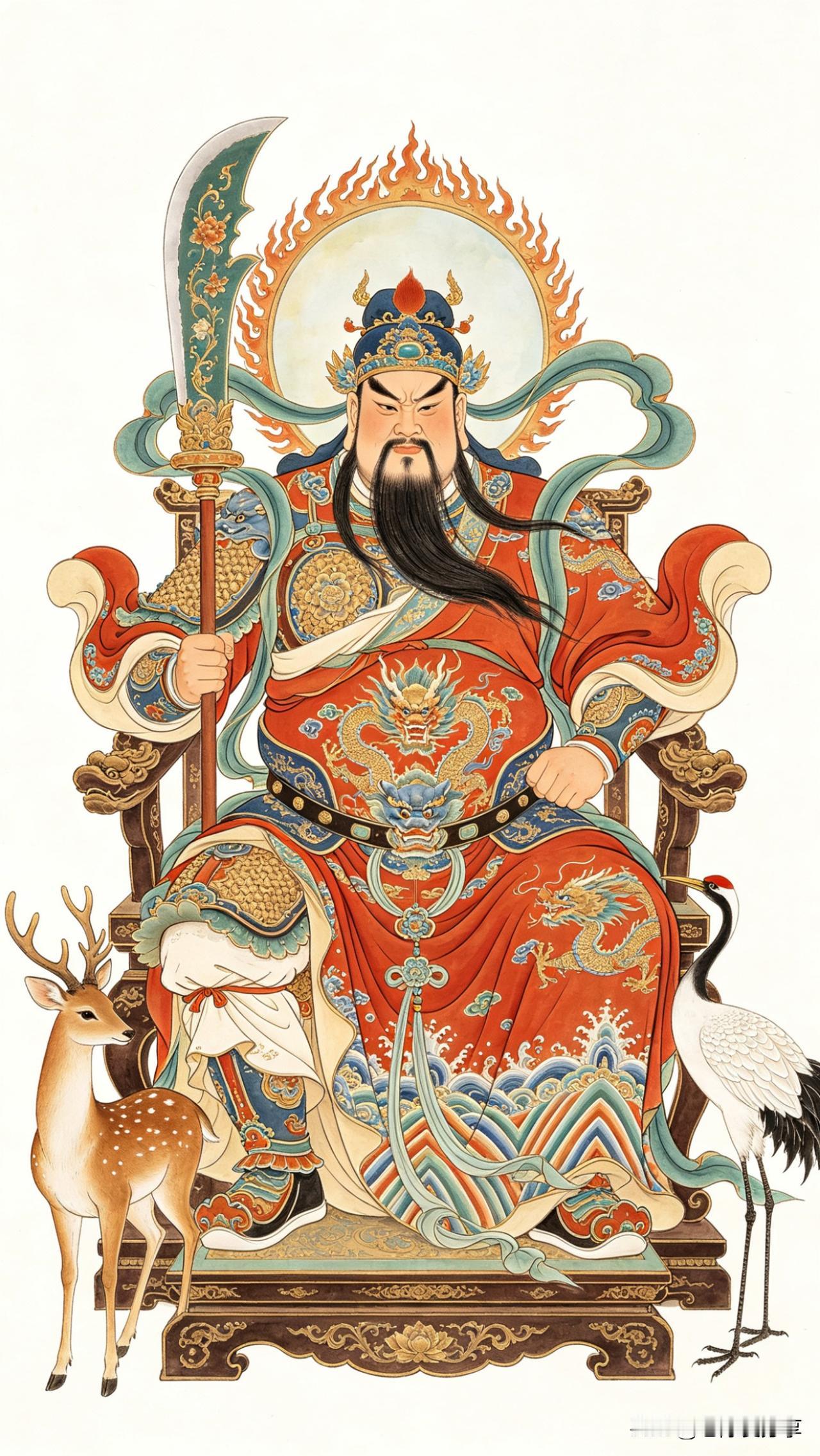 鹧鸪天·关圣帝君

绿袍金甲坐堂皇，手挽青龙镇八荒。
面如重枣威难犯，髯若乌云势