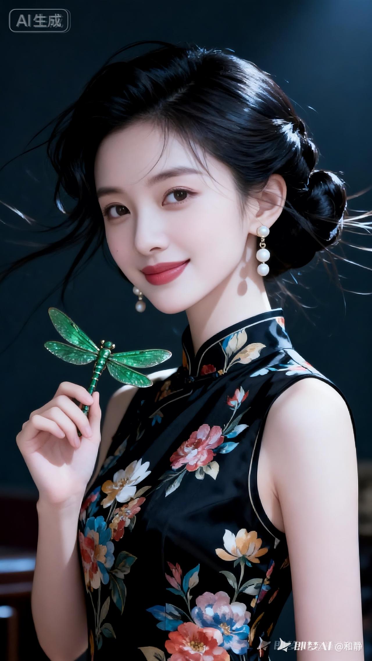 少女身着印花黑旗袍，珍珠首饰点缀，手托蜻蜓配饰，暗调室内柔光侧打，冷白瓷嫩肌肤，