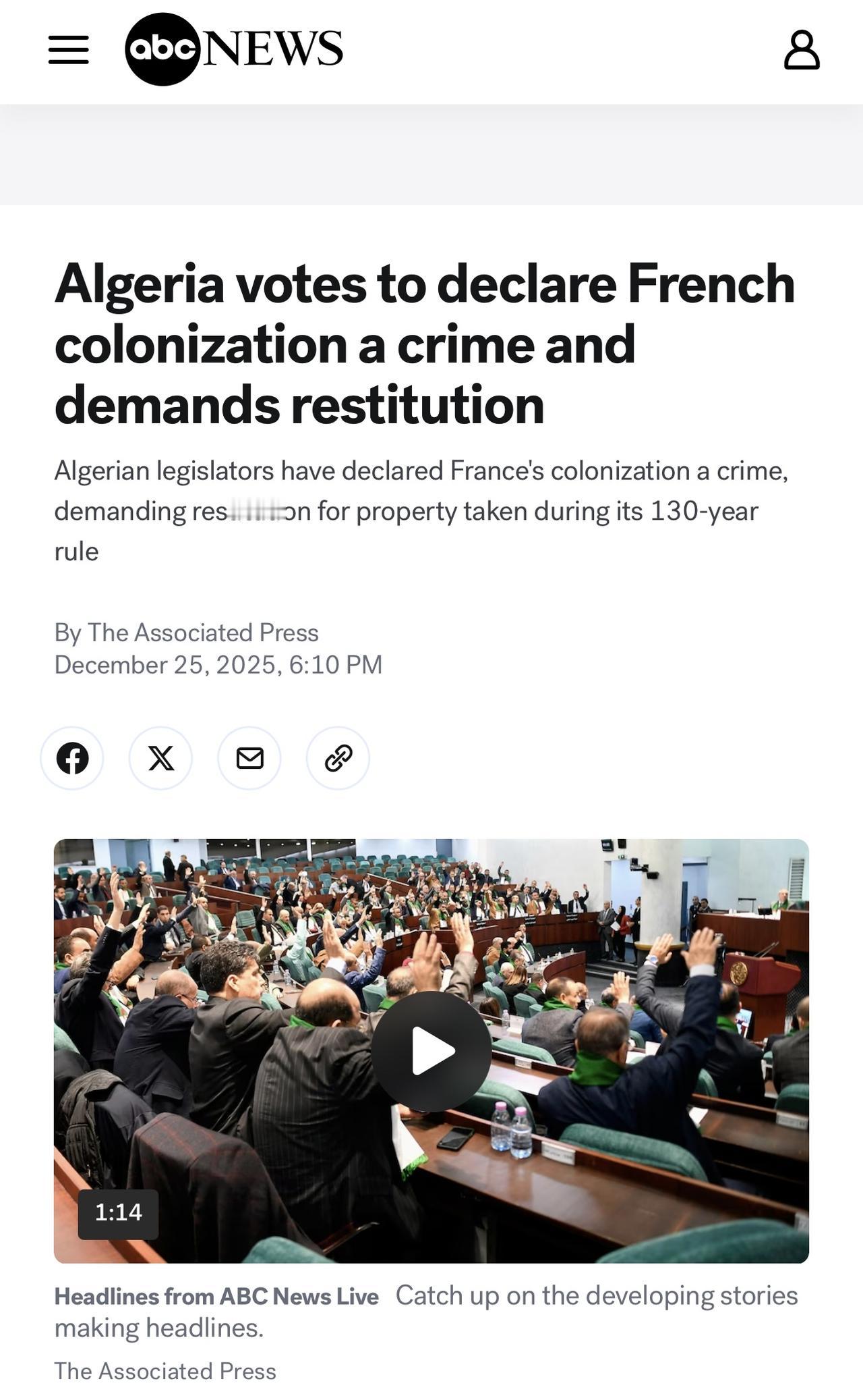 阿尔及利亚的立法者投票宣布法国对这个北非国家的殖民是犯罪，批准了一项法律，该法律