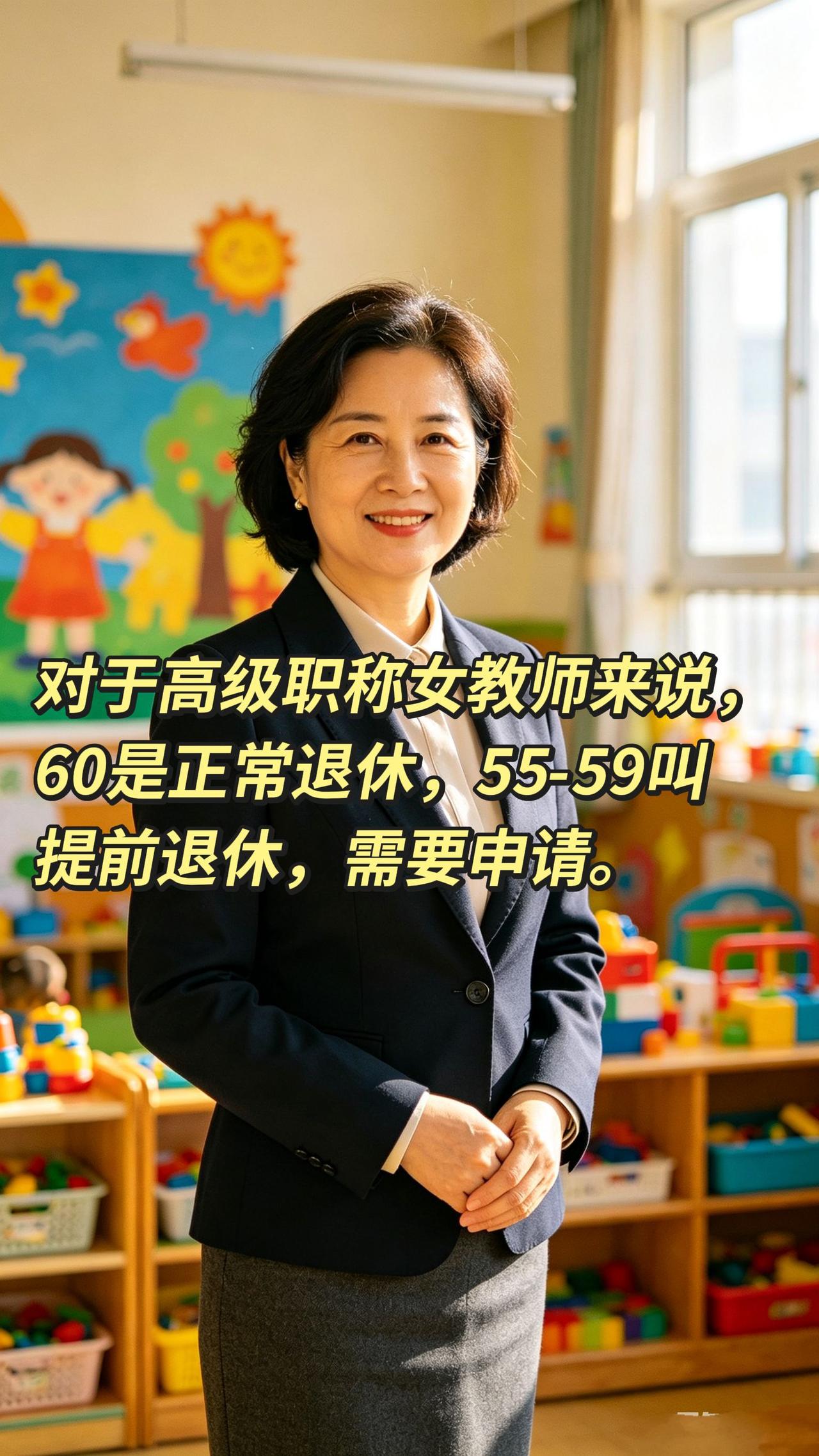 对于高级职称女教师来说，60岁是正常退休，55-59岁叫提前退休，需要申请。