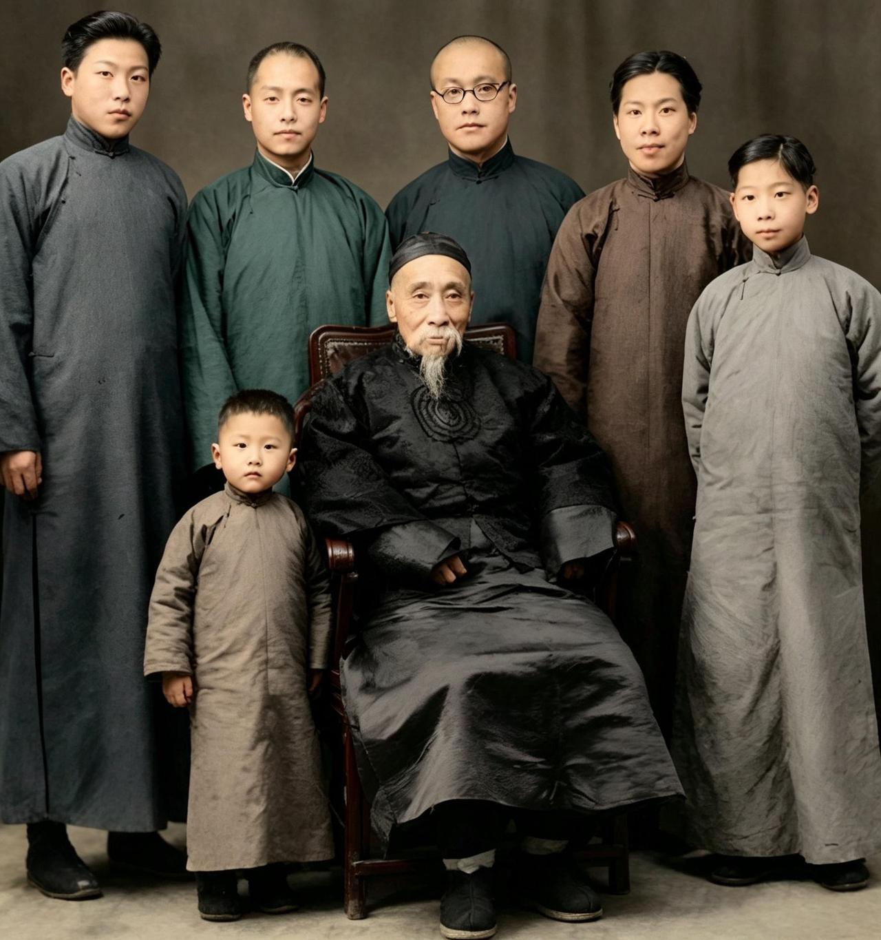 这老少三代人出身于八闽科甲第一家福建闽县螺江陈氏家族。中间坐着的这位老者正是末代