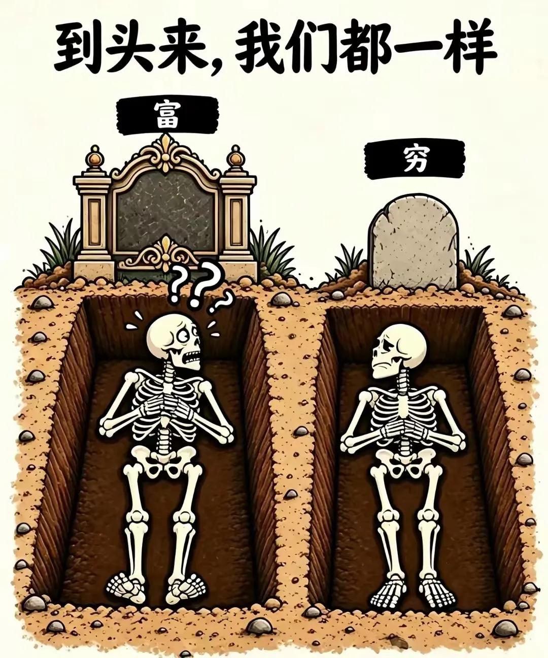 穷和富唯一平等的就是死亡。名和利，到最后都是一把骨灰，尘归尘土归土，活着争夺名和