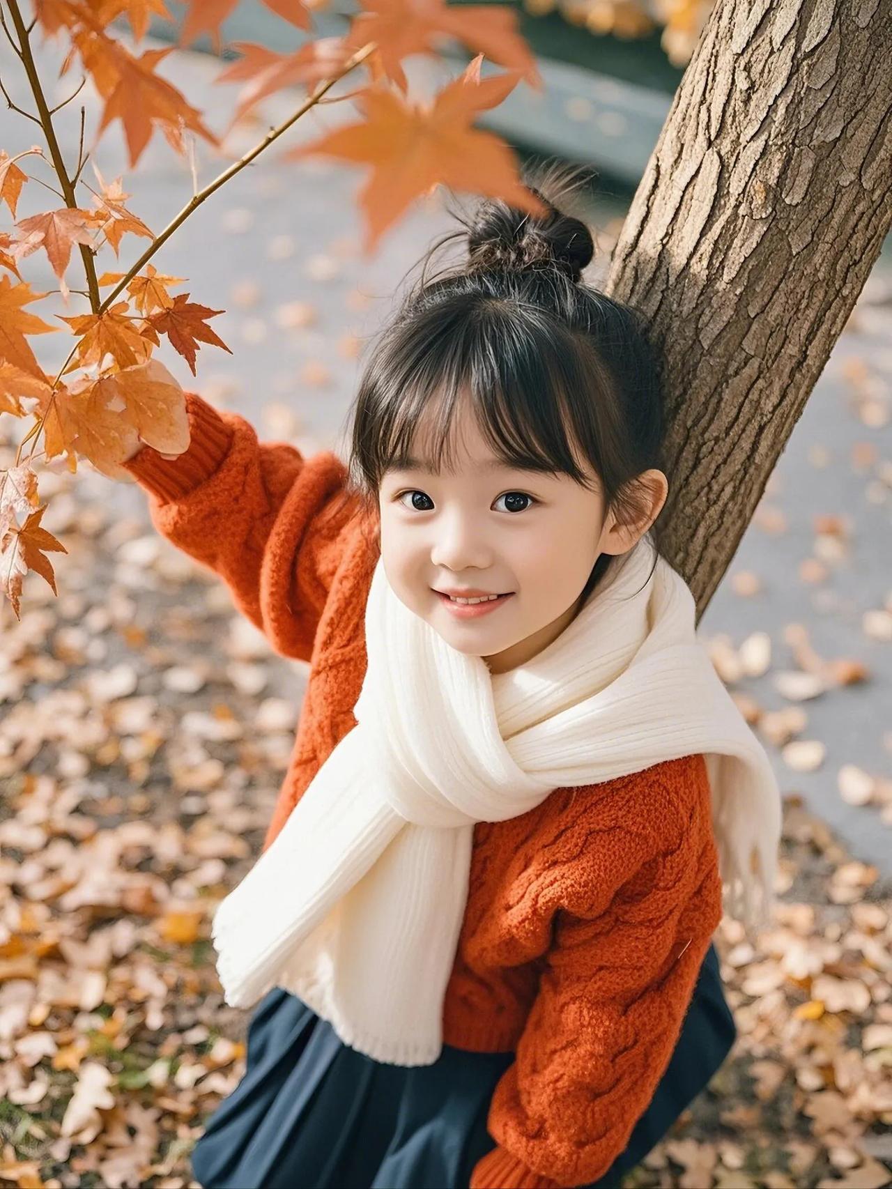 小童手持橙衣#笑靥如花映秋叶#秋景美人欢笑# 萌娃秋天穿搭