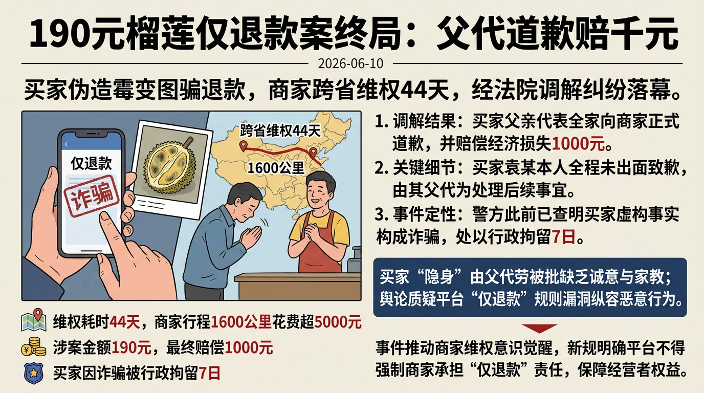 榴莲仅退款买家父亲向商家道歉6月10日，持续44天的“190元榴莲遭恶意仅退款”