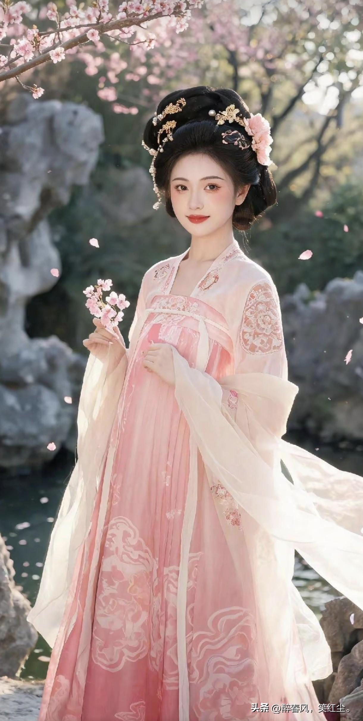 粉衣少女手拈花枝，笑靥如花映春光，这颜值谁顶得住？温柔粉裙少女