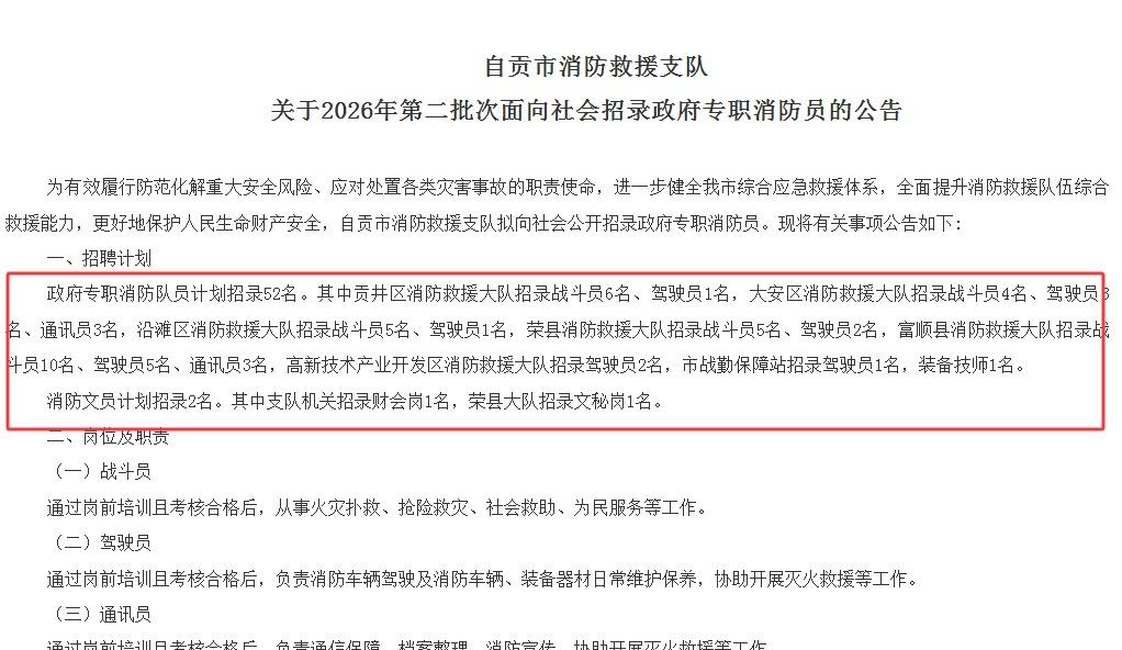【消防员】四川：自贡市消防救援支队2026年第二次招聘52人，贡井区，大安区，沿