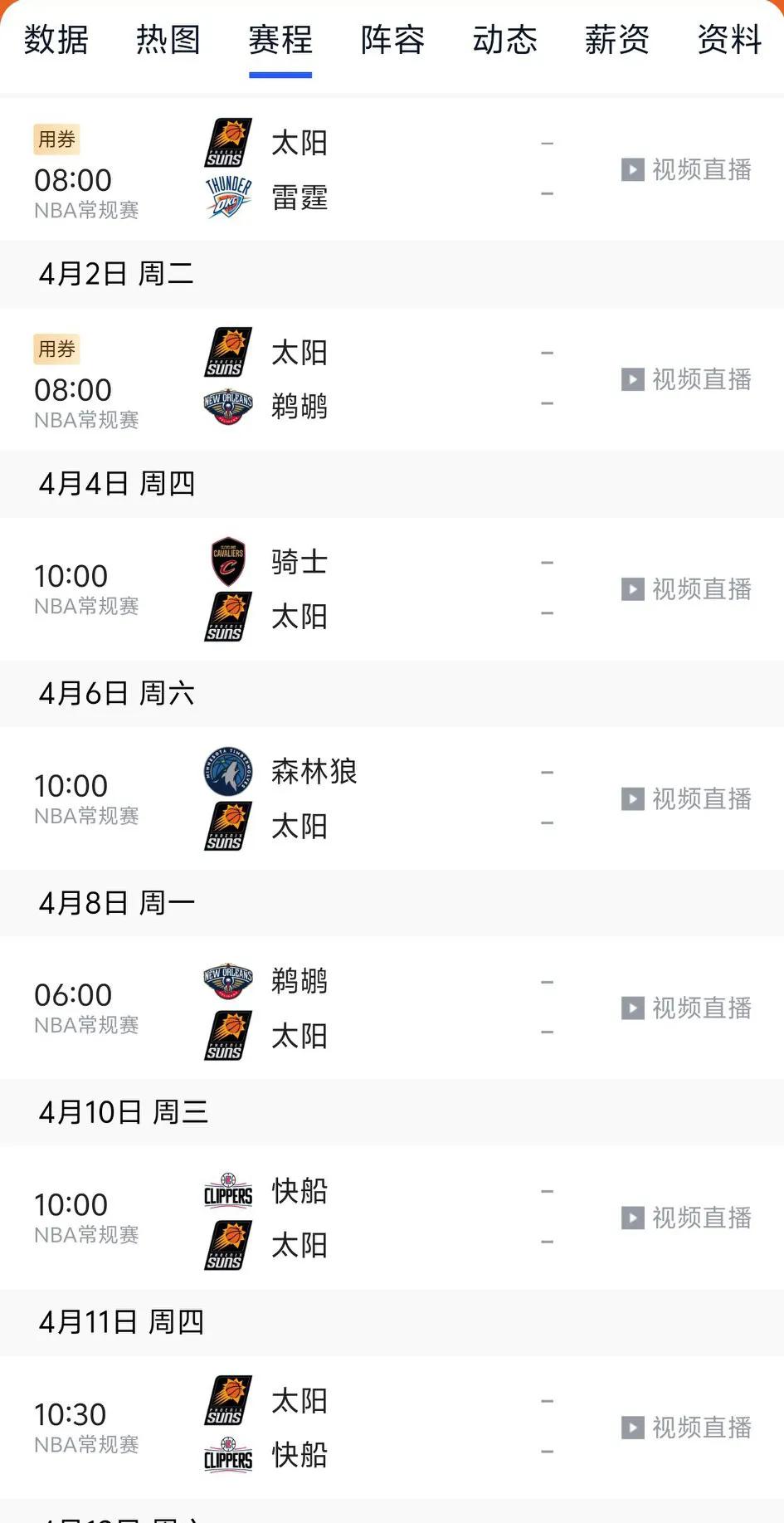 太阳能守住第七就不错了，后面赛程太艰难了，都是东西部强队。
第一，太阳接下来面对