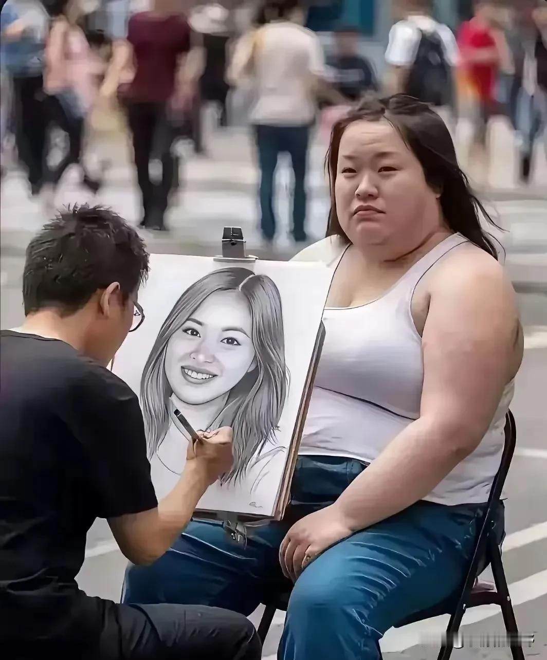 “是个狠人！”一男子在街头摆摊画画。过了一会儿，来了个胖胖的女人找男子作画，男子