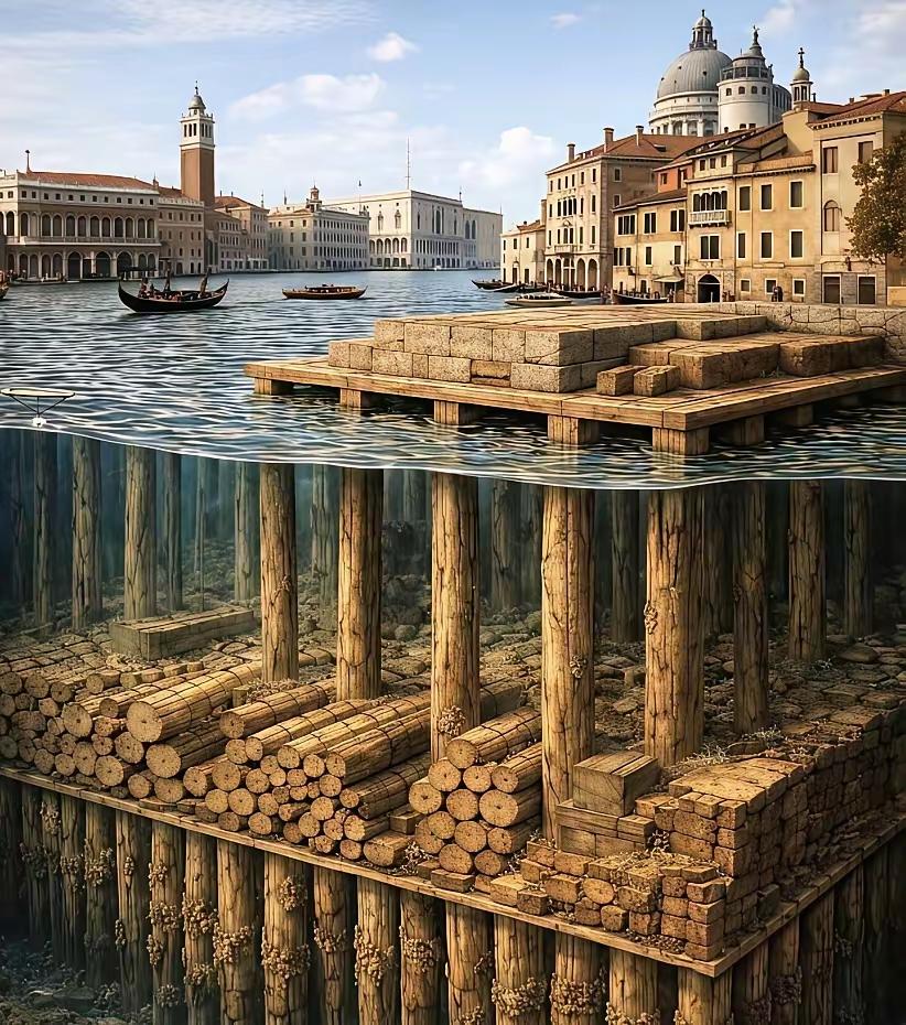 威尼斯被称为世界的水城，其水下的结构，原来也这么复杂的，真是佩服设计者的头脑。