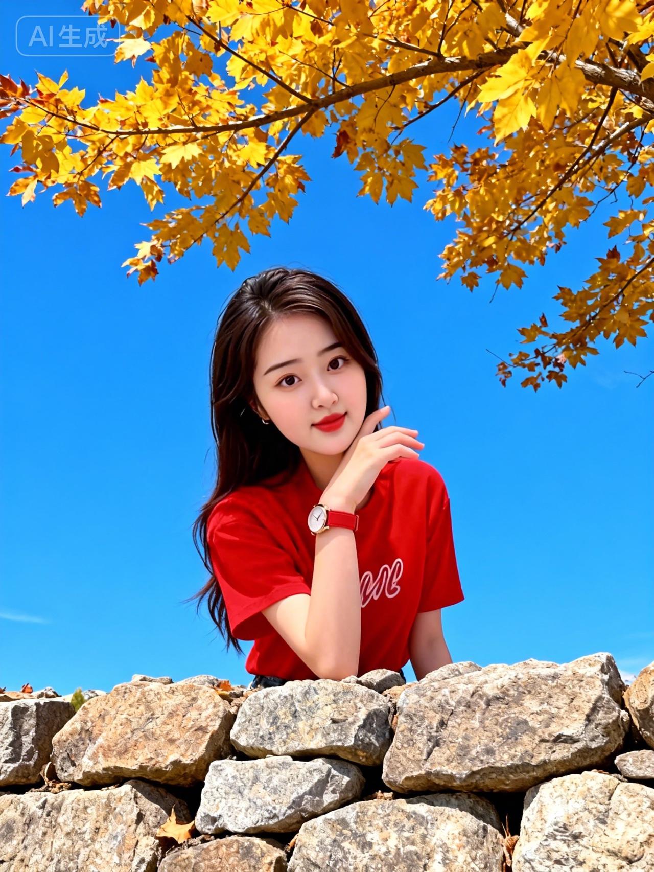 秋日暖阳下，红衣美女倚石墙，微笑如花绽。