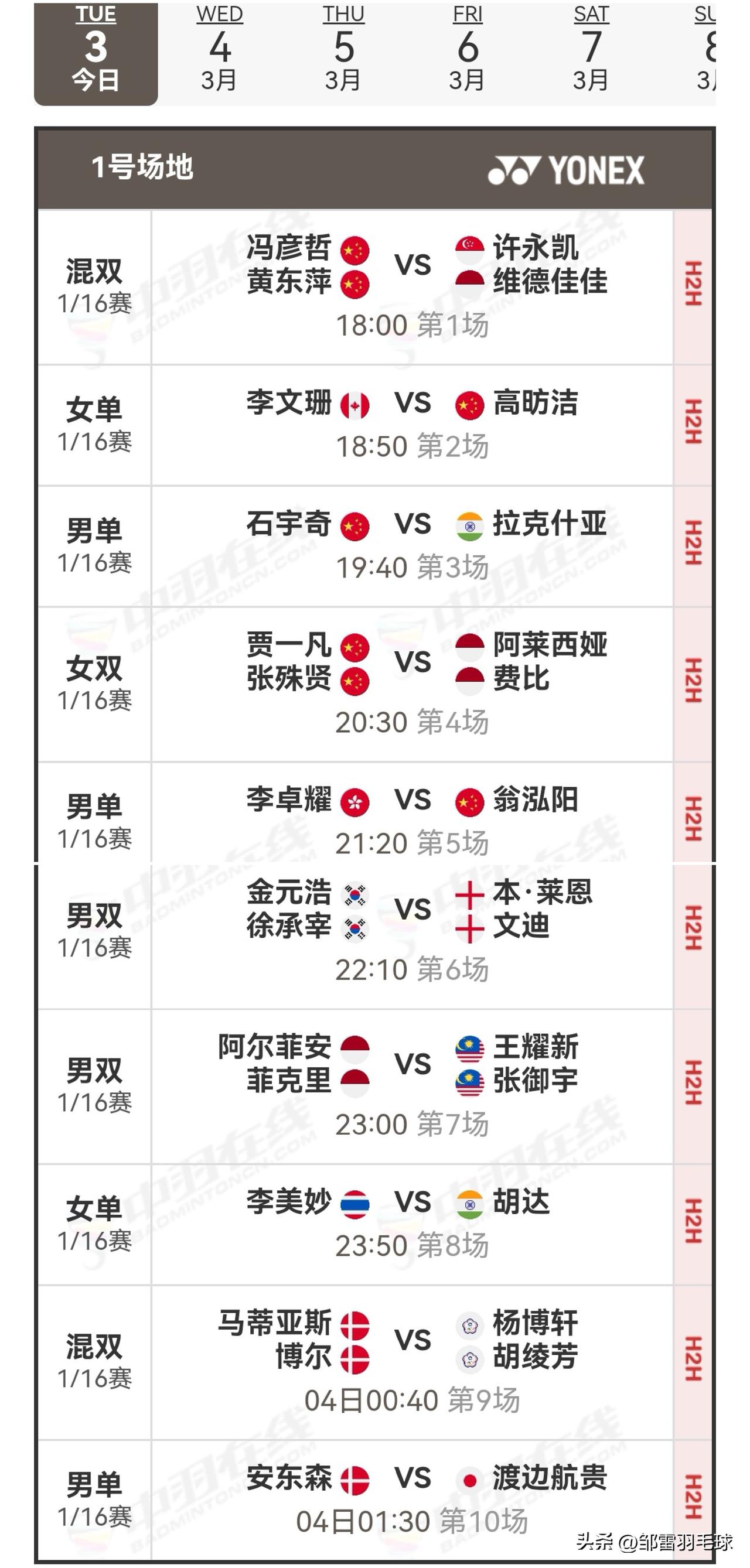 3月3日全英羽毛球公开赛首日赛程安排

今日，2026全英羽毛球公开赛于英国伯明