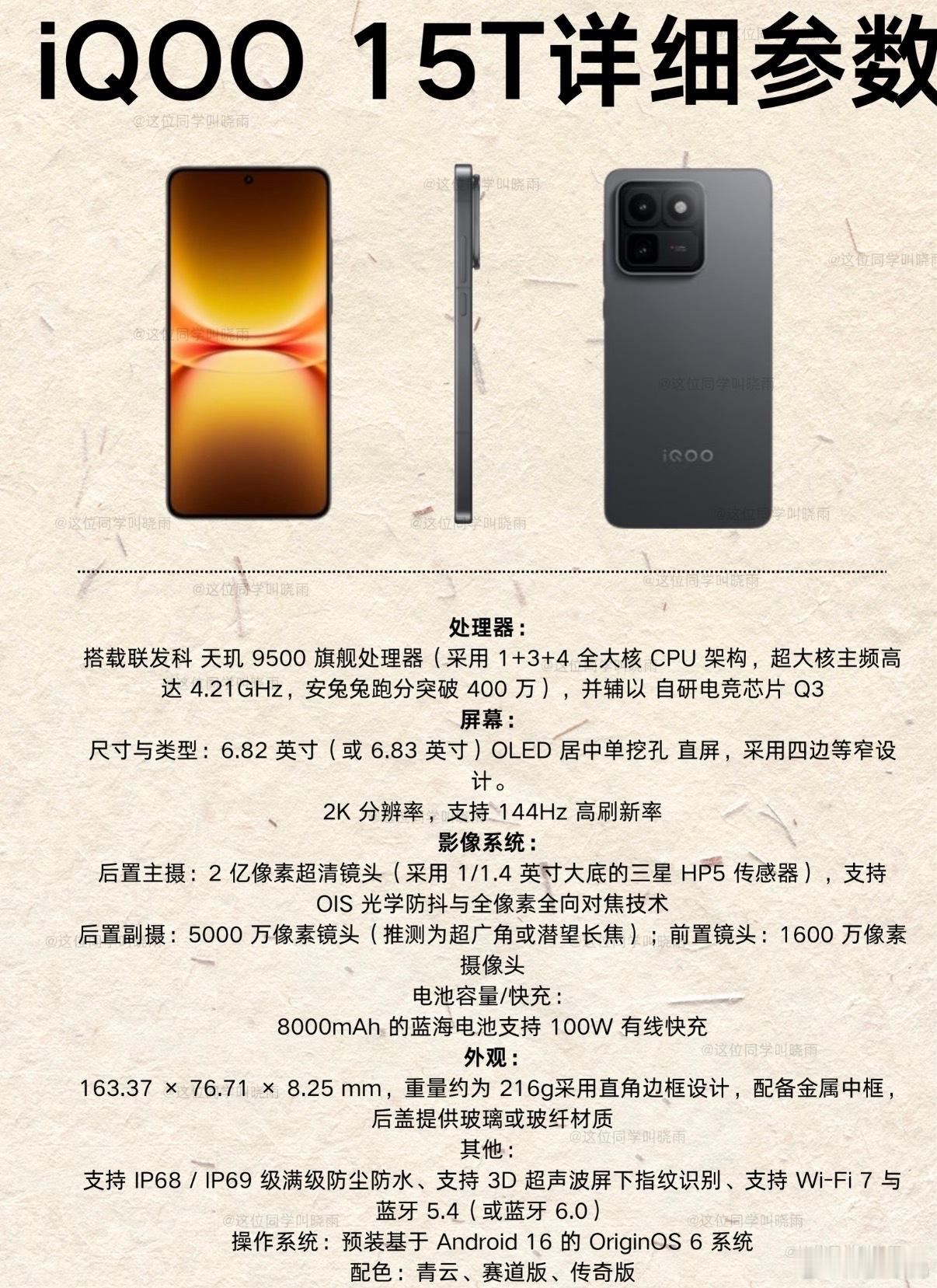 iQOO 15T详细参数，网上数据，一切实际数据以官方为主，家人们，有在等它的吗