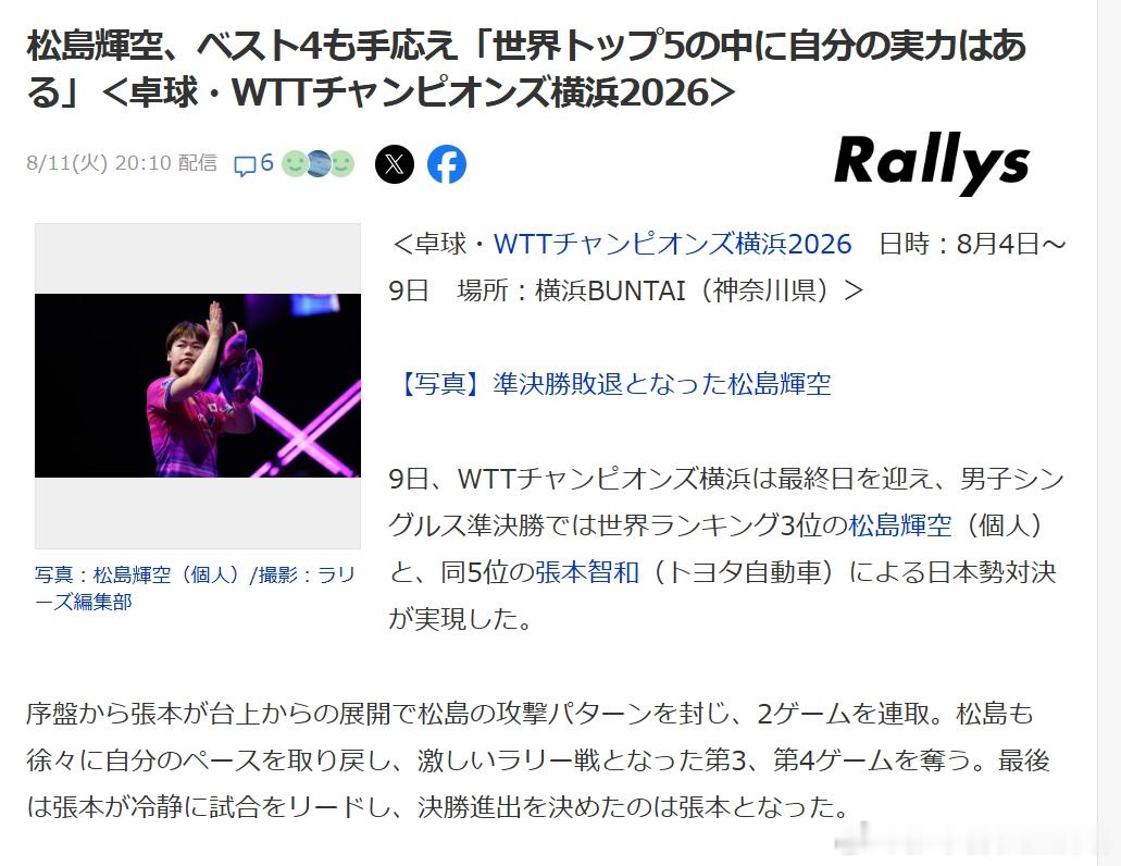 wtt横滨冠军赛2026张本智和 260811 作为张本在日内国内最大的竞争对手
