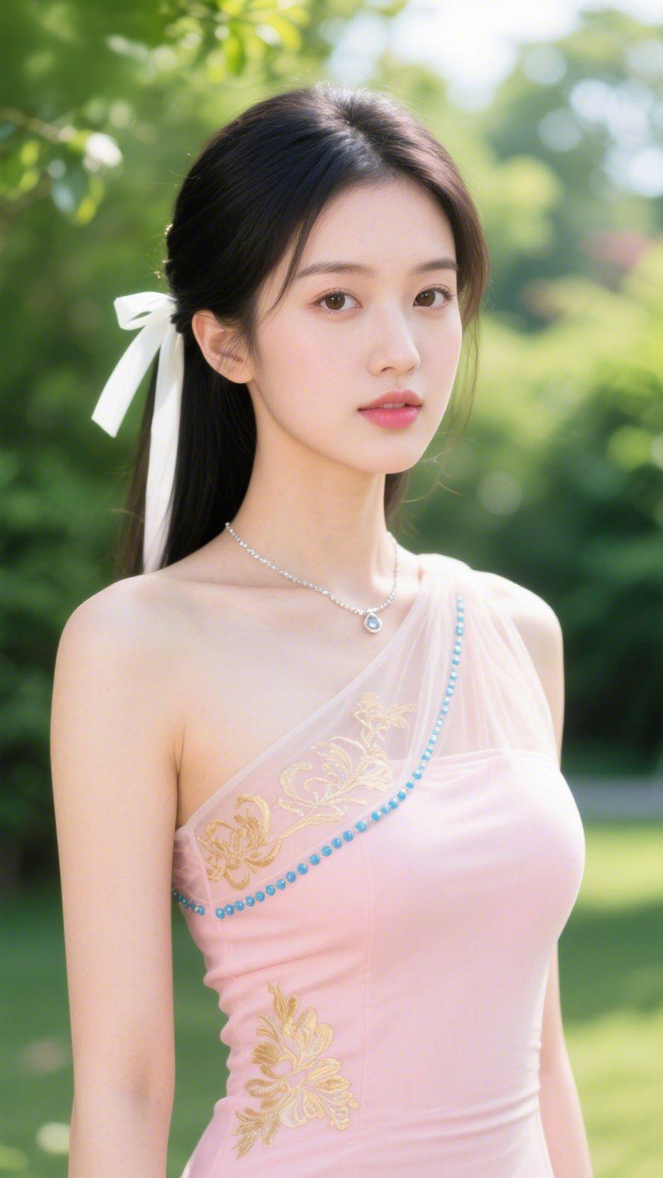 《夏荫里的粉裙清光》
 
蝉鸣漫过枝桠时，她立在浓绿的树荫下。
 
粉裙裹着浅夏