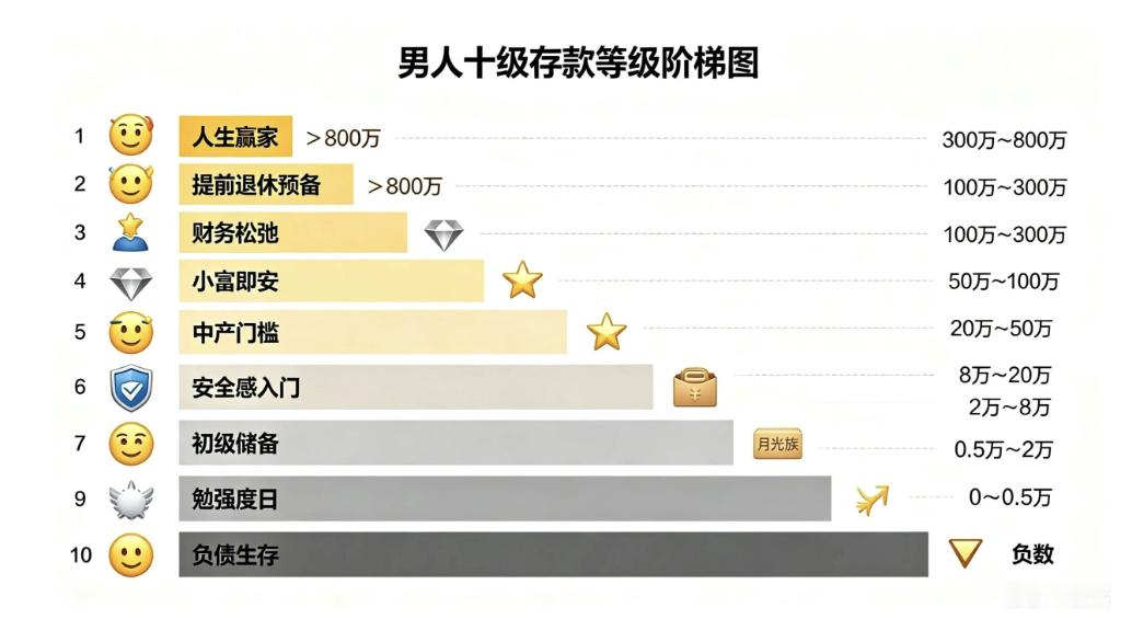 男人十级存款阶级图，不过我觉得男女一致，这图可以直接改为当下存款阶级图🥇 第一