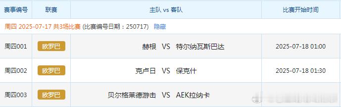 7.17竞彩赛事场次共三场！ ​​​