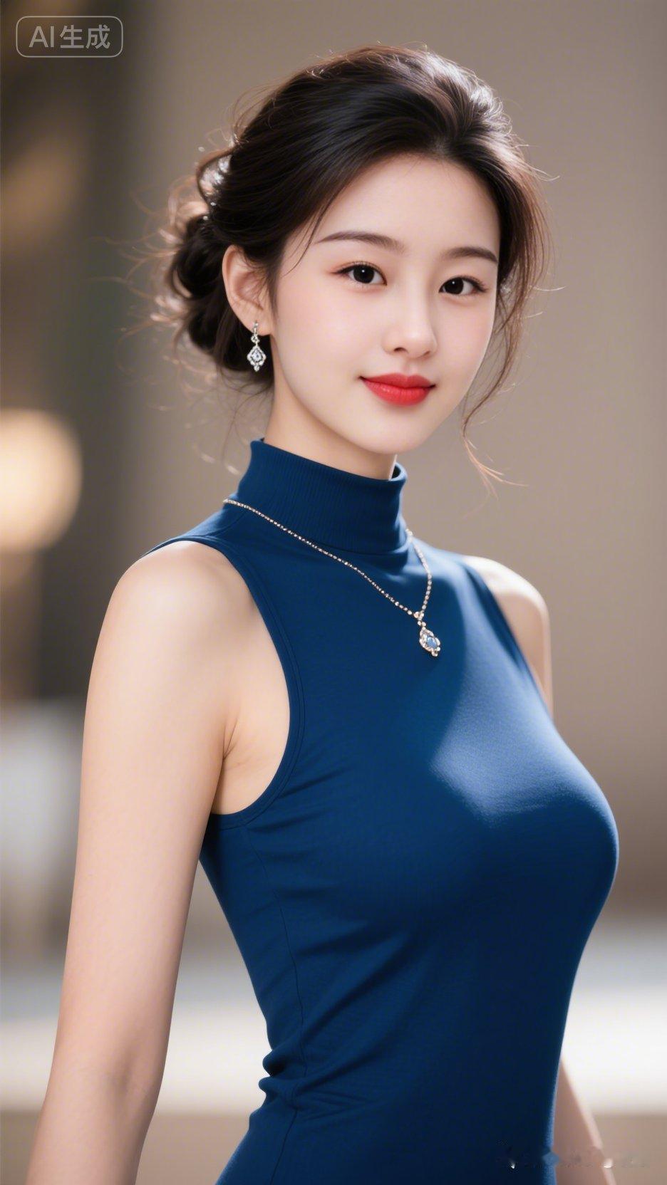 绝色美人气质清冷又温柔，肤白细腻如瓷，盘发微乱，她身着深蓝色紧身衣，勾勒优雅曲线