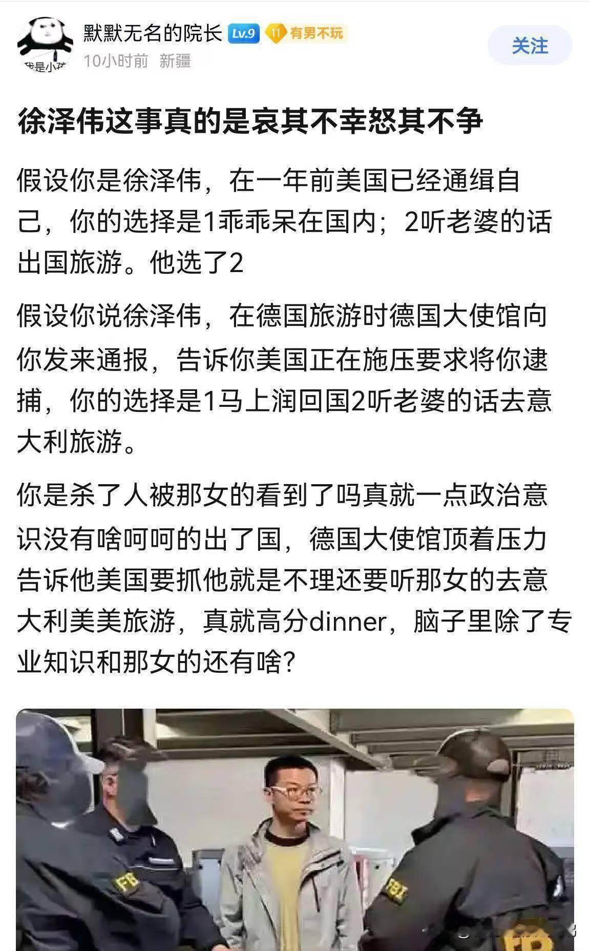 看到下列描述，肥鹅真的觉得徐泽伟的那个新婚媳妇应该是个间谍，至少被美国收买了。