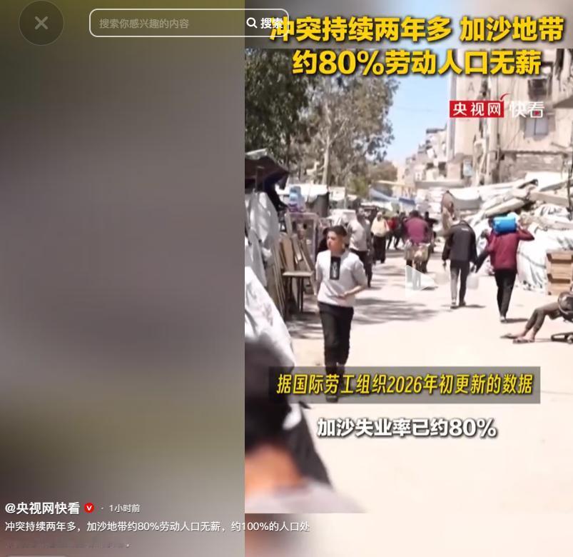 冲突持续两年多，加沙地带约80%劳动人口无薪，约100%的人口处于需要人道主义援