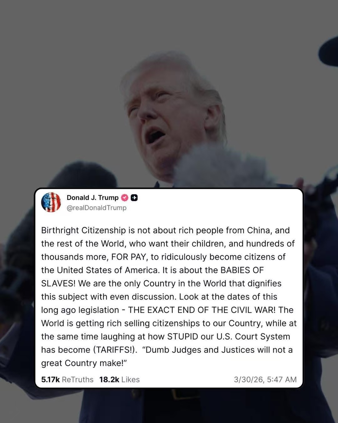 奶龙:出生地公民权（注：指美国“出生即公民”原则）根本不是给那些来自中国乃至世界