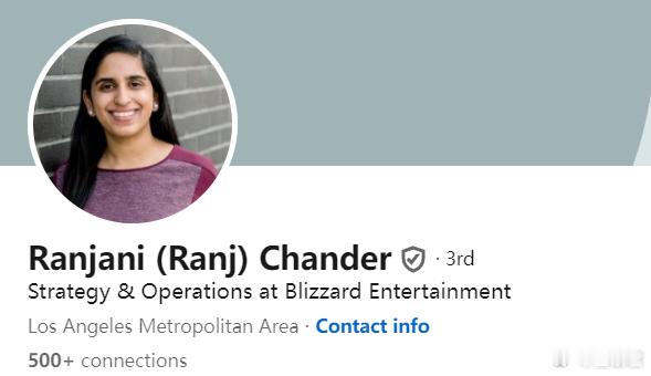 #暴雪# Ranjani   Chander 近日出任暴雪战略与运营高级总监，此