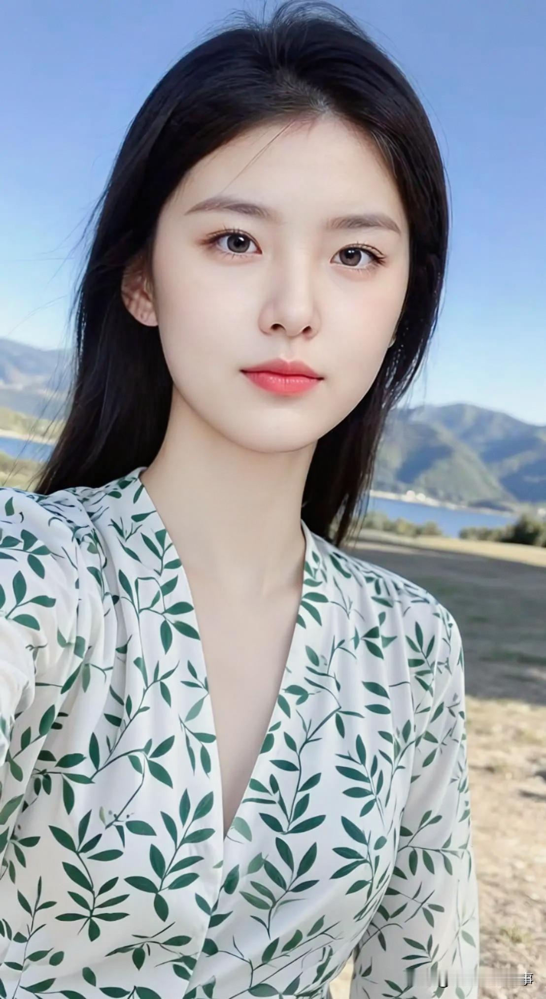 穿绿叶V领长袖连衣裙的张京