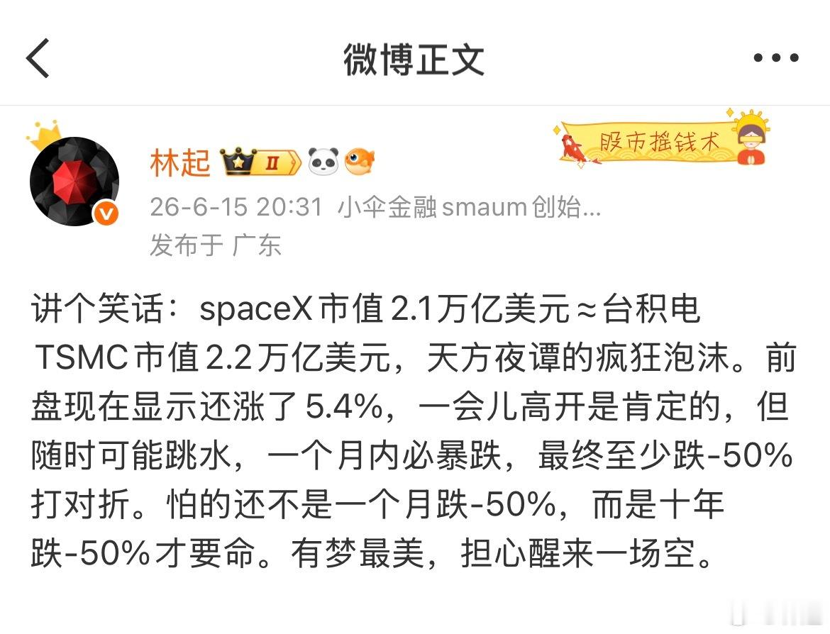 6月15日说：“一个月内必暴跌，最终至少跌-50%打对折。跌-50%”。事实验证