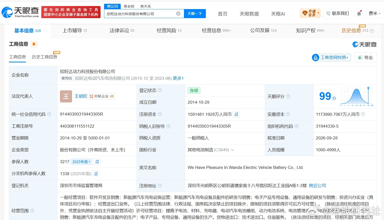 【欣旺达动力科技公司增资至159.1亿 增幅约10%】港股研究社讯，天眼查App