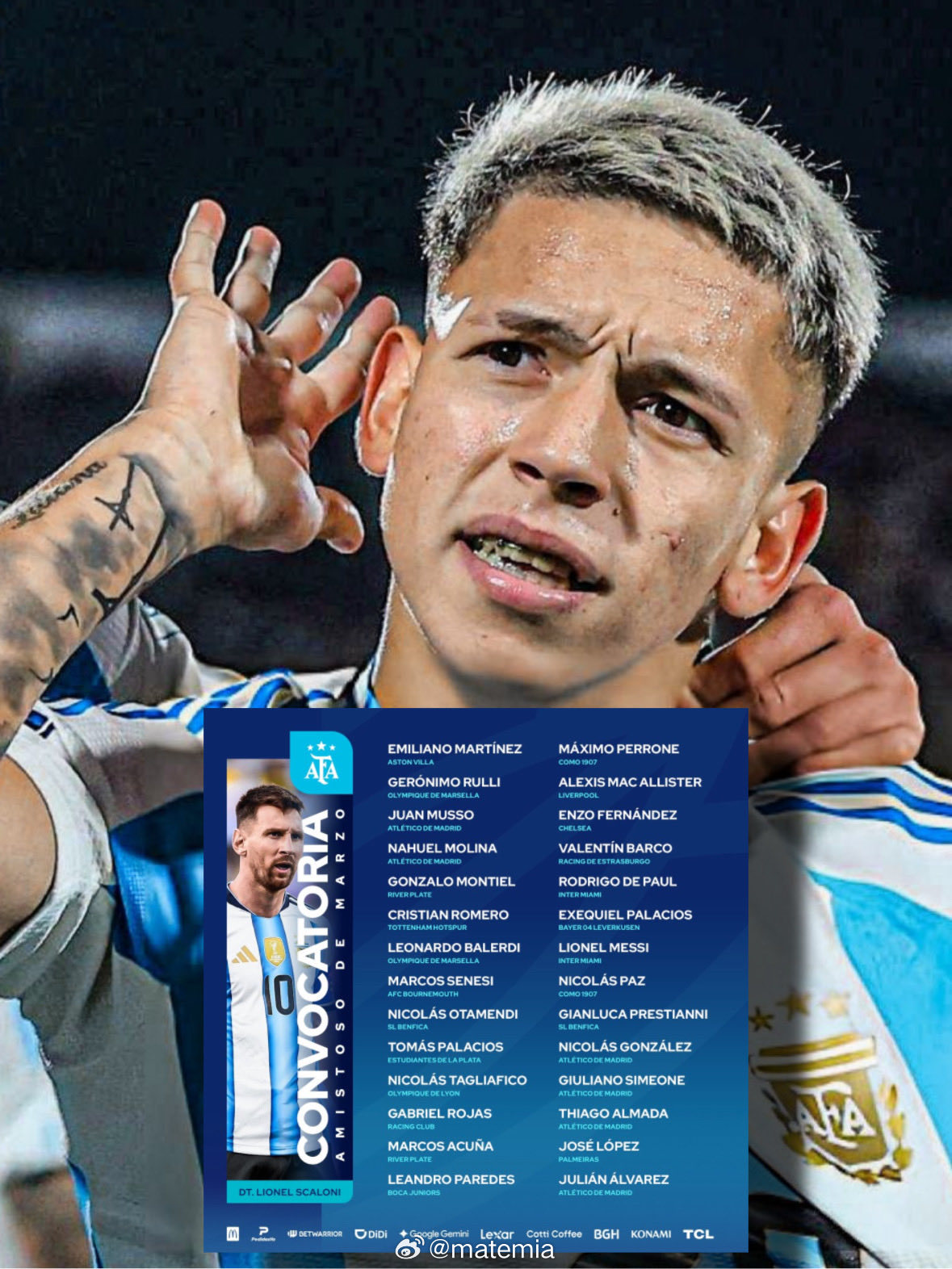 🇦🇷🚨 本菲卡的普雷斯迪亚尼 (20岁) 入选阿根廷国家队的三月份大名单，