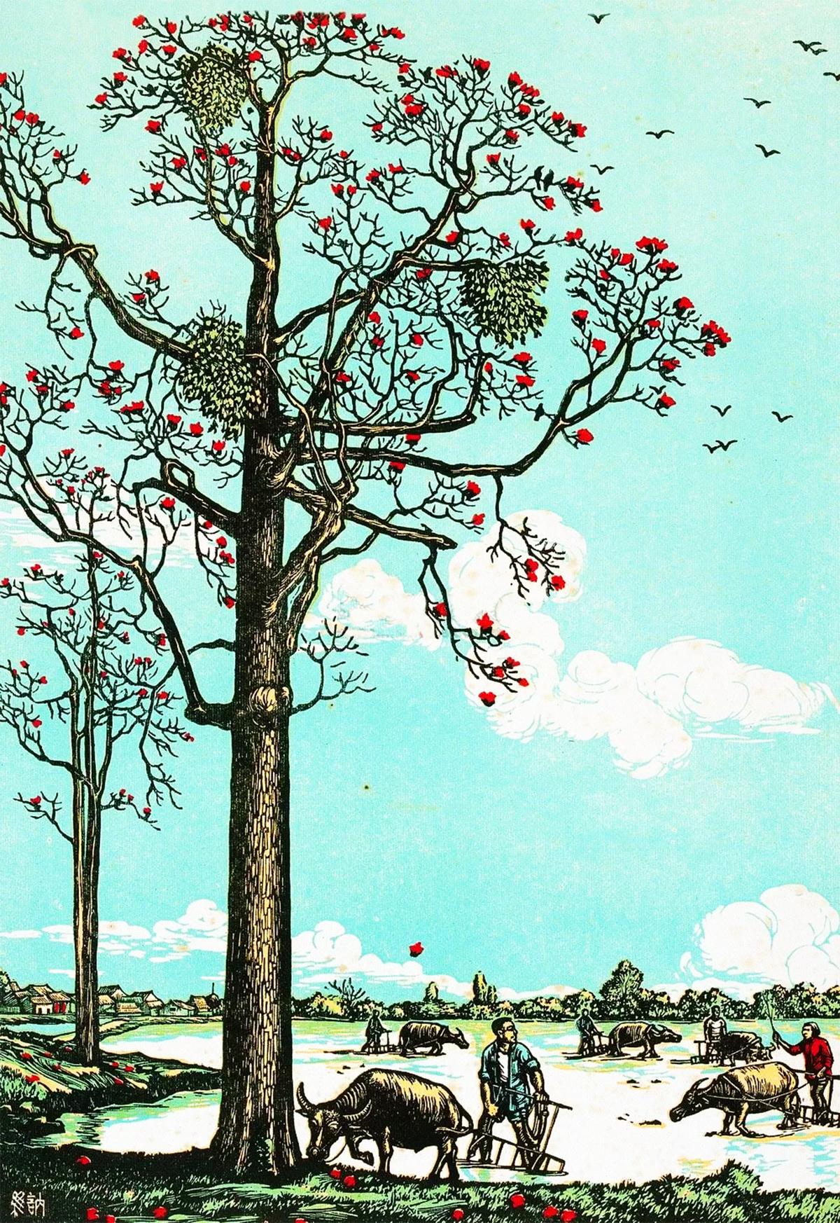50年代版画里的春耕 红棉与春日的双向奔赴

杨讷维的《红棉花飞春耕忙》，直接把
