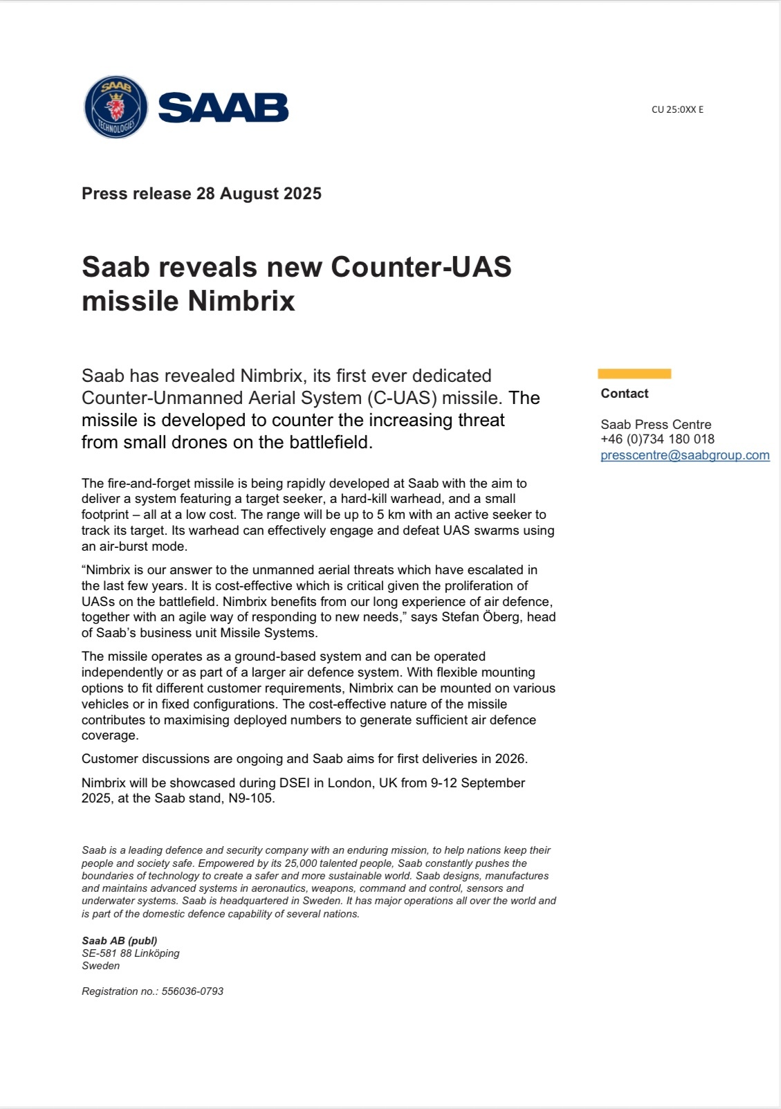 每天认识一件兵器烽火问鼎计划  Saab公开了🆕全新反无人机导弹，“Nimbr
