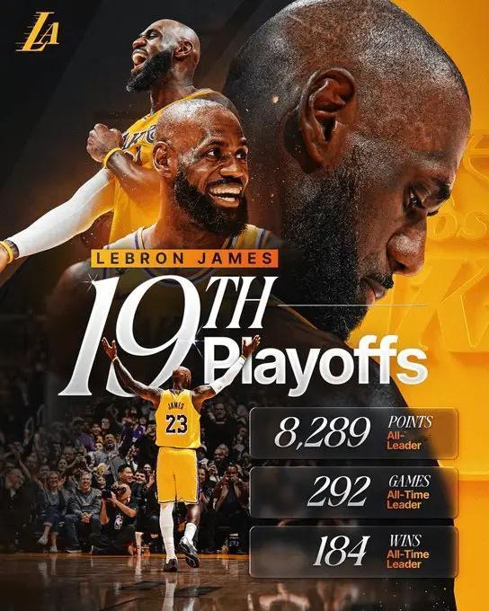 詹姆斯的季后赛数据：
1、第19次季后赛之旅，历史第1（马龙、斯托克顿并列）
2