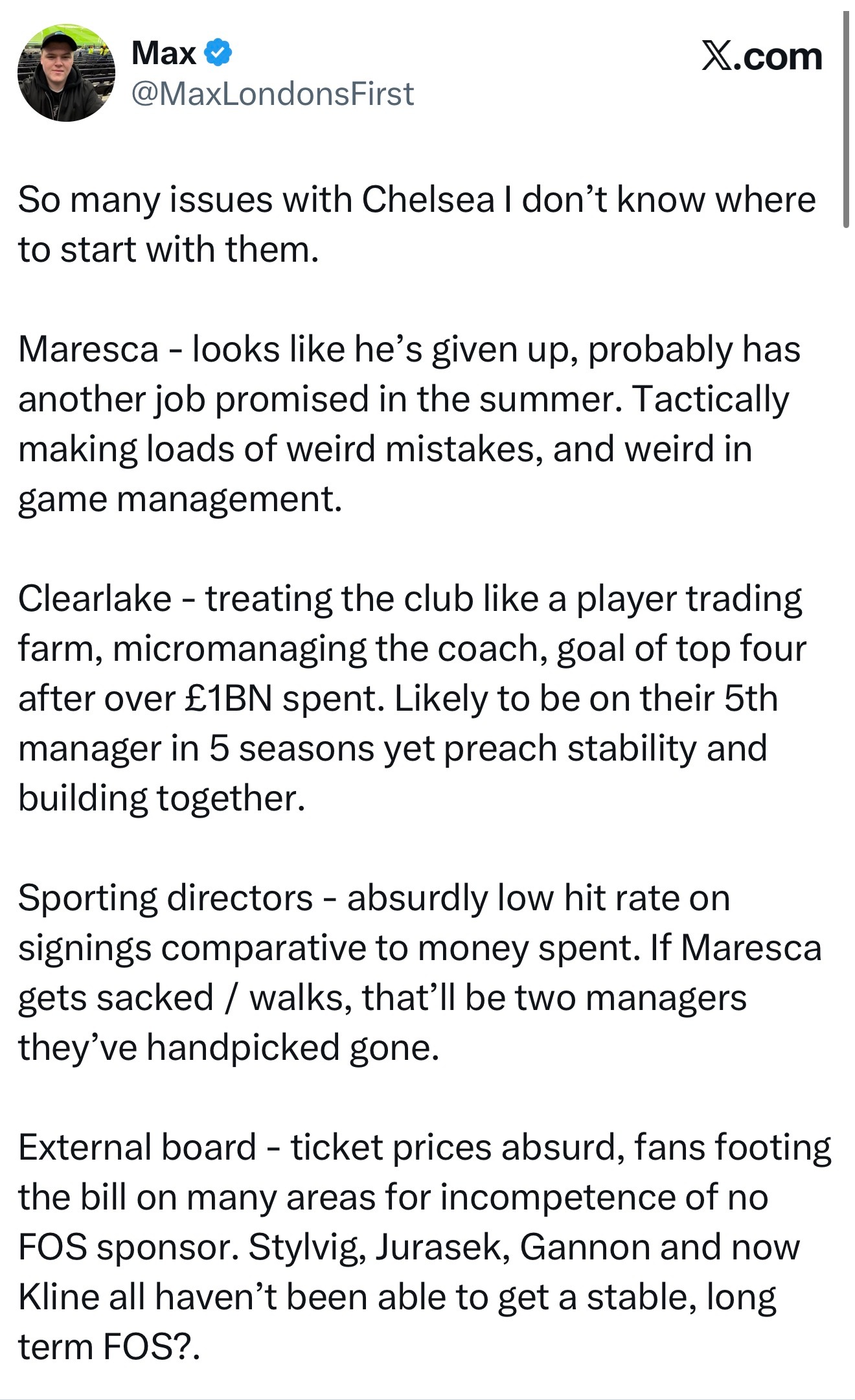 切尔西的问题太多了，我都不知道从哪儿说起。马雷斯卡——看起来他已经放弃了，可能已