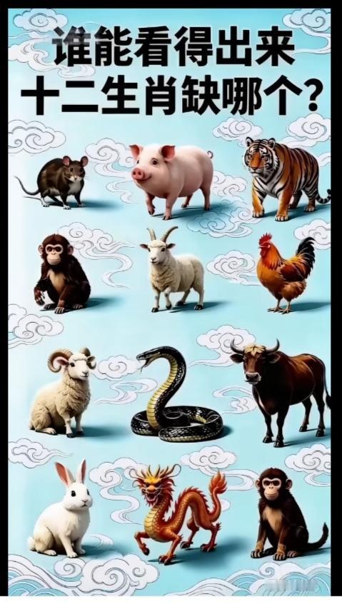 〔看图猜生肖〕图中画面是十二生肖。谁没有到位。你能看出来来吗？
