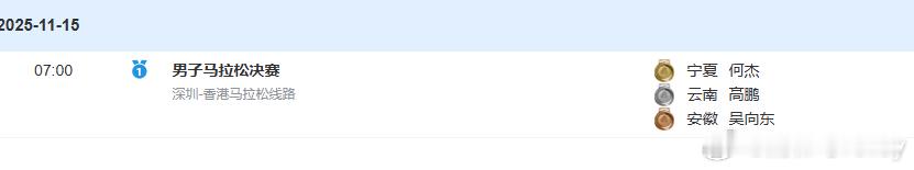 【全运马拉松】今天全运第一枚金牌产生，来自男子马拉松。金牌：何杰（宁夏）银牌：高