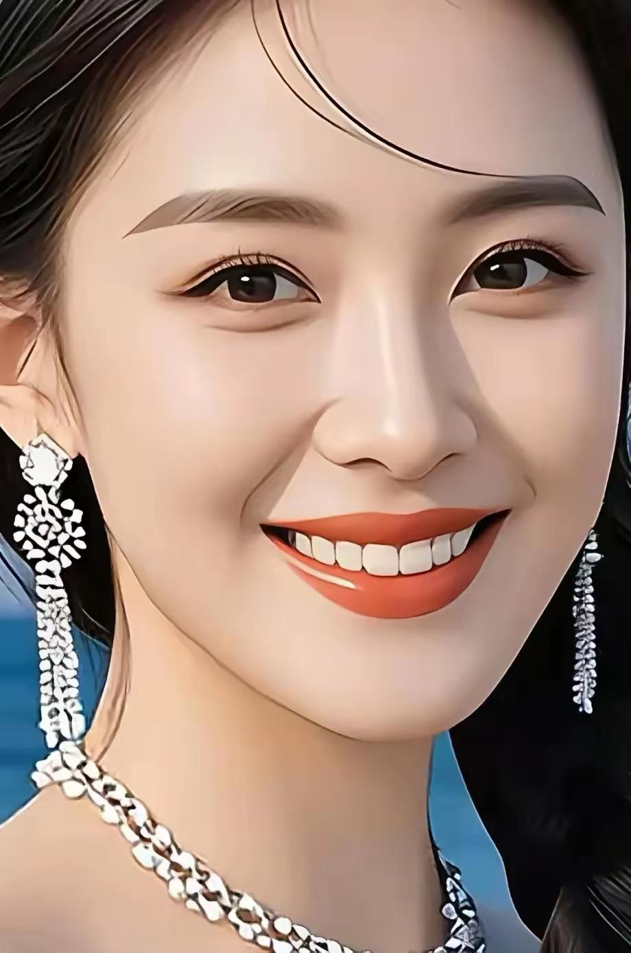 美女戴着一条钻石项链，那光芒仿佛能穿透人心，再配上她动人的微笑，一出场就惊艳全场