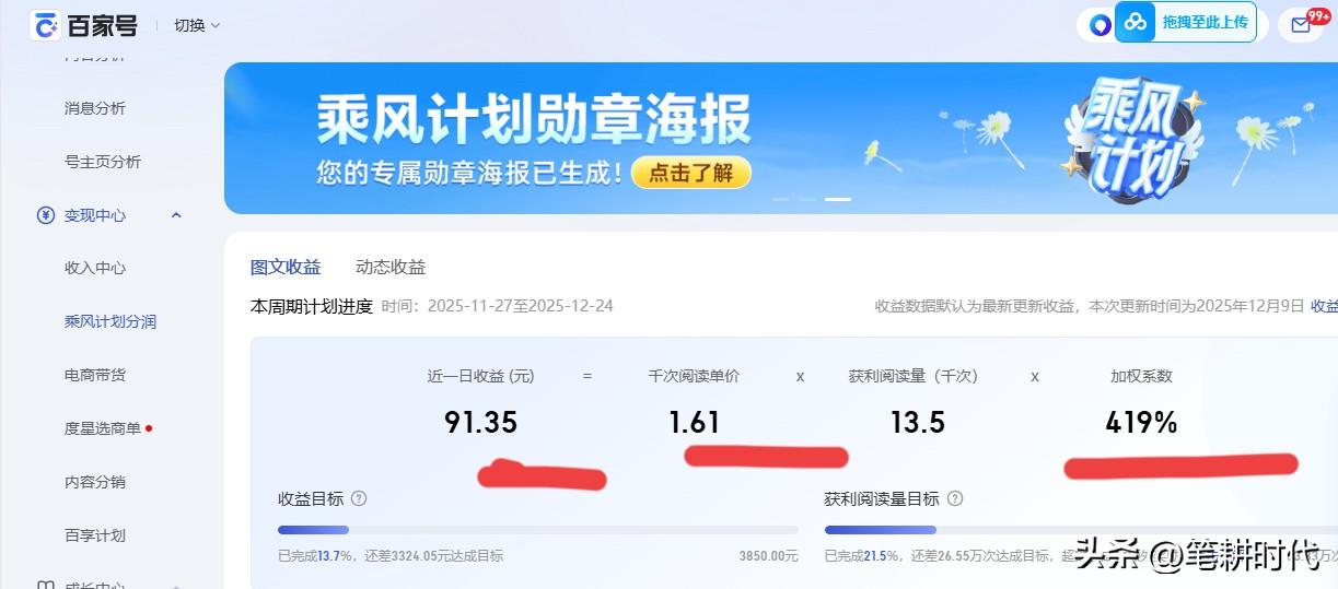 昨日限流一解除就给大惊喜！头条今日收益300块，百家号收益90元，本来每万单价稳