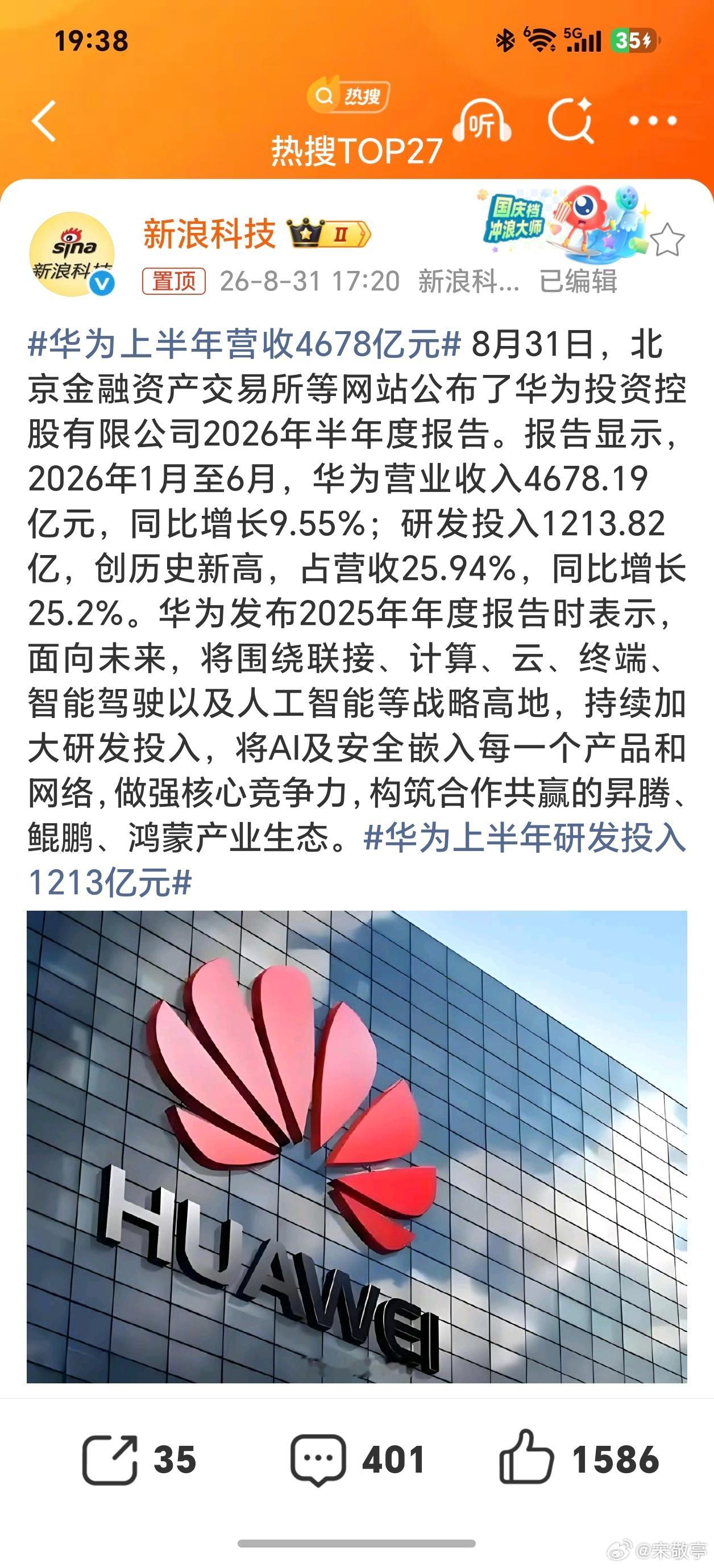 华为上半年营收4678亿元华为上半年财报出炉，营收4678亿元同比增长9.55%