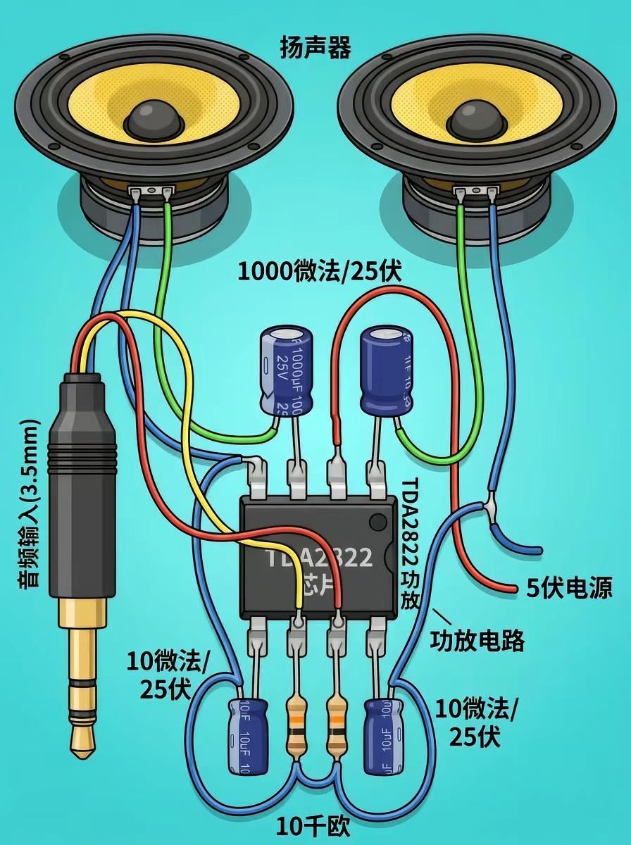 TDA2822双声道功放电路，5V低压供电，3.5mm音频输入，直接驱动两个喇叭