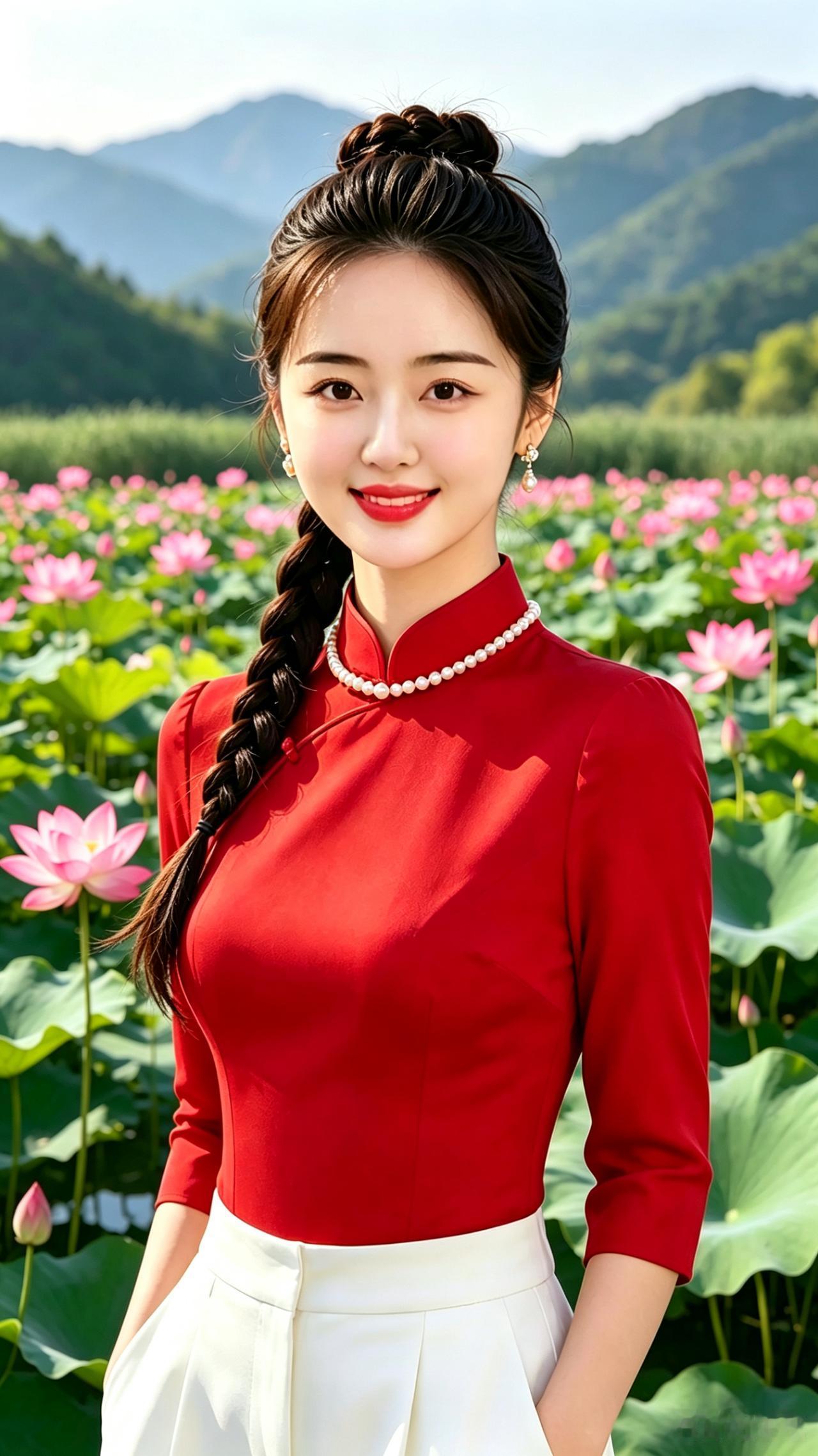 一个美女站在荷花池前，笑得真甜！大家评姑娘怎样:
